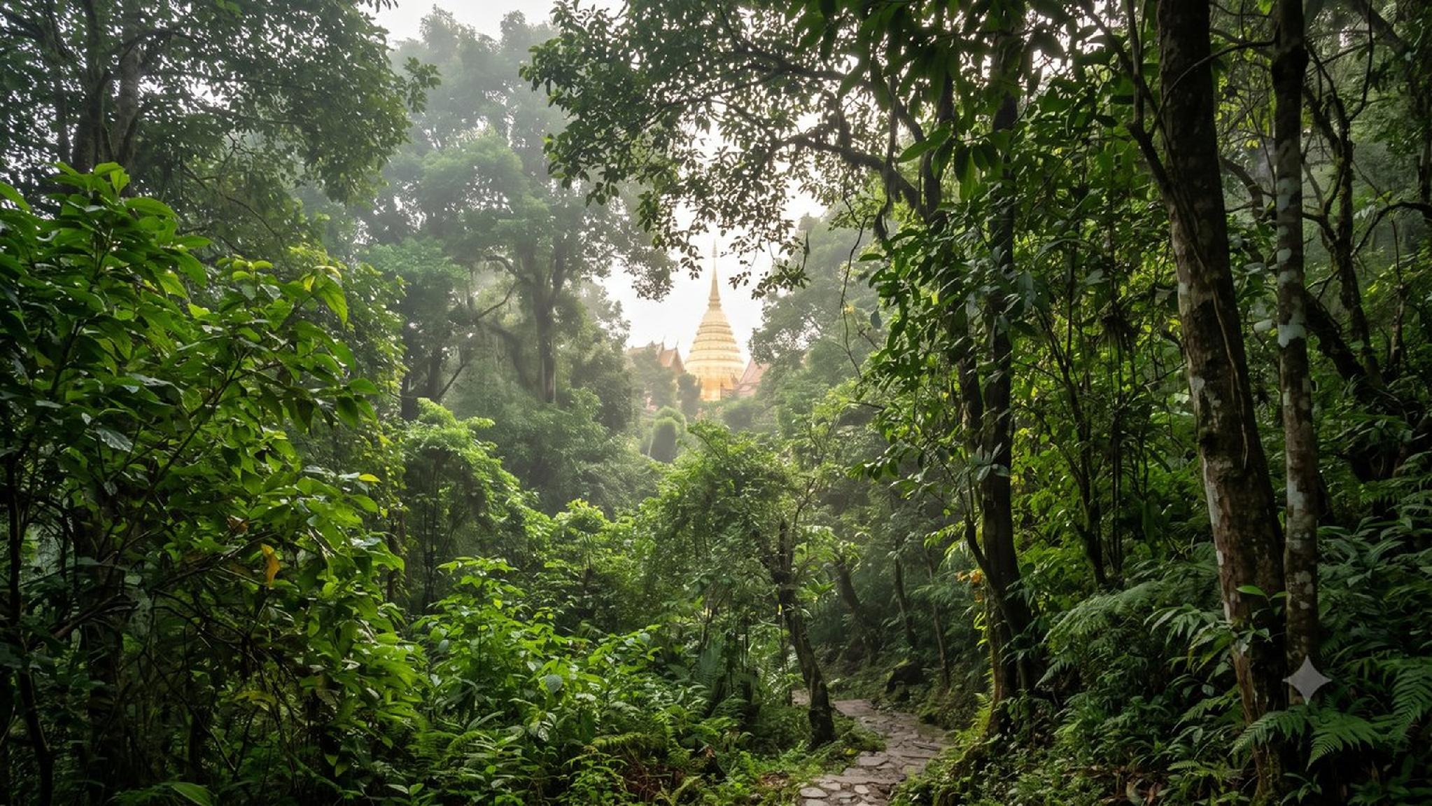 Lush jungle path leading to a gleaming golden Buddhist temple.