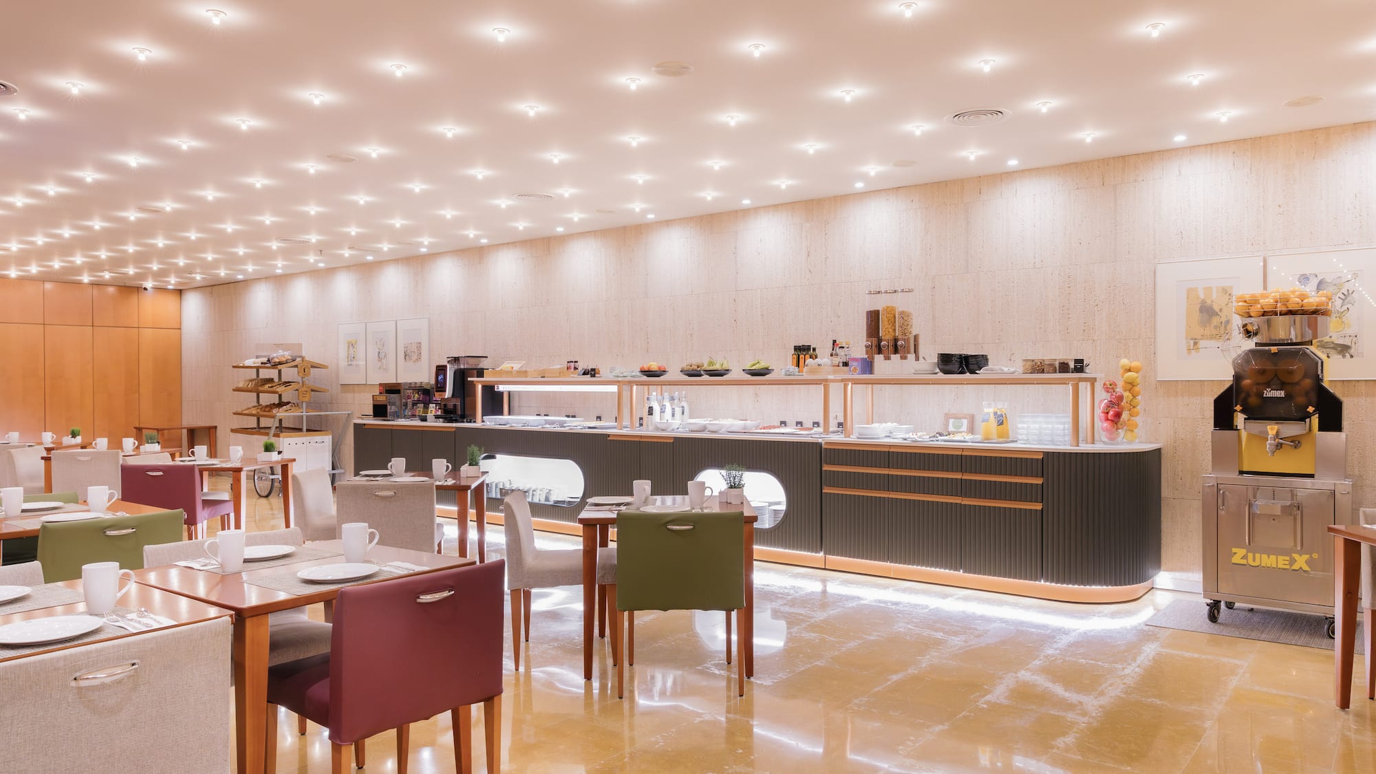 a room with a counter and tables