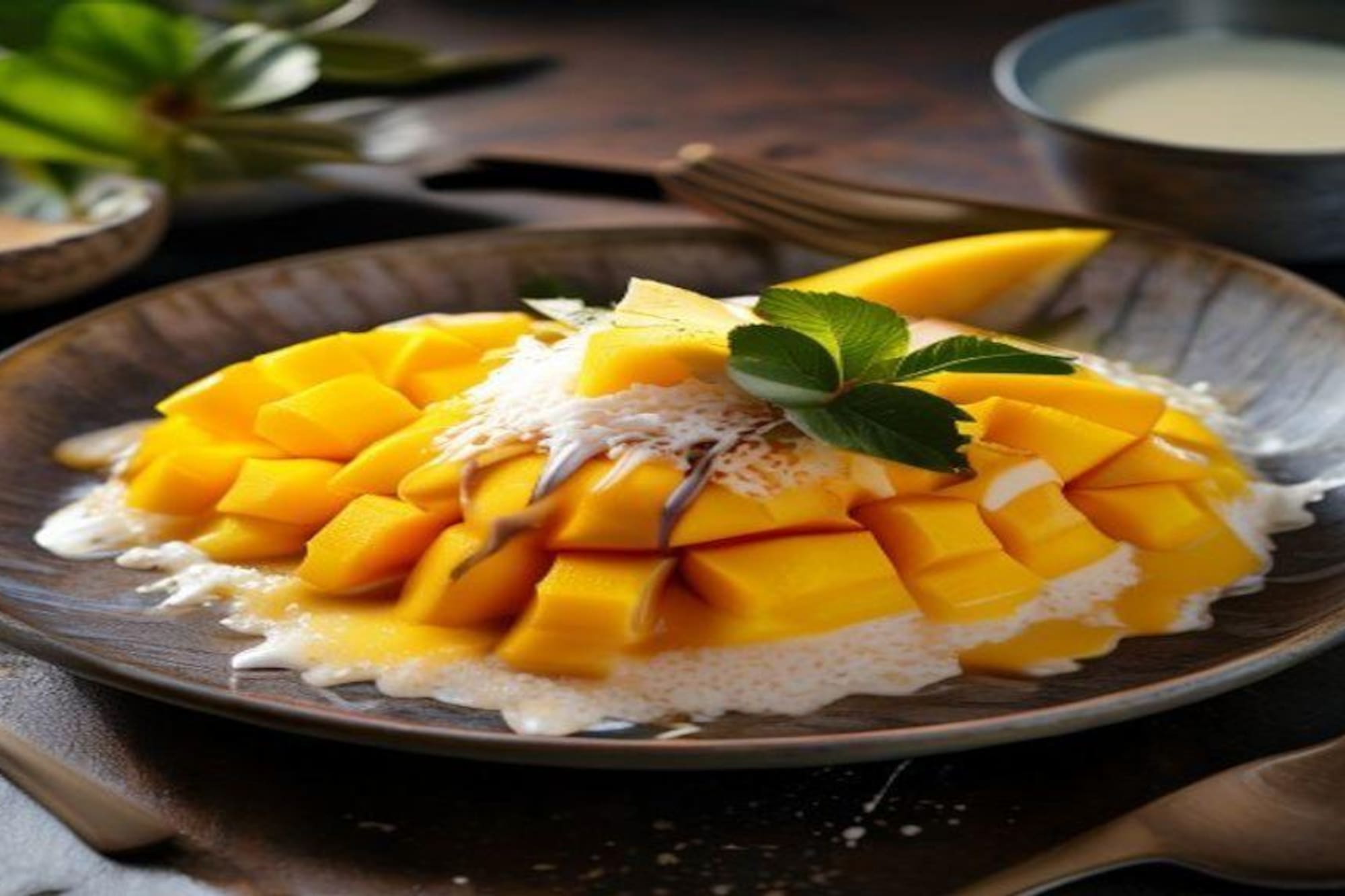 Thai mango sticky rice with coconut milk and shredded coconut.