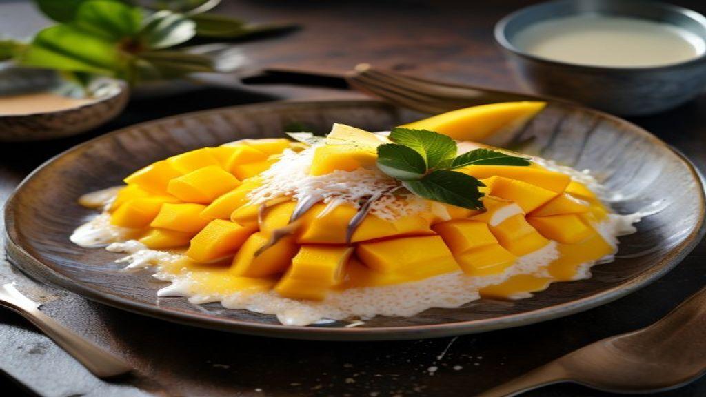 Thai mango sticky rice with coconut milk and shredded coconut.
