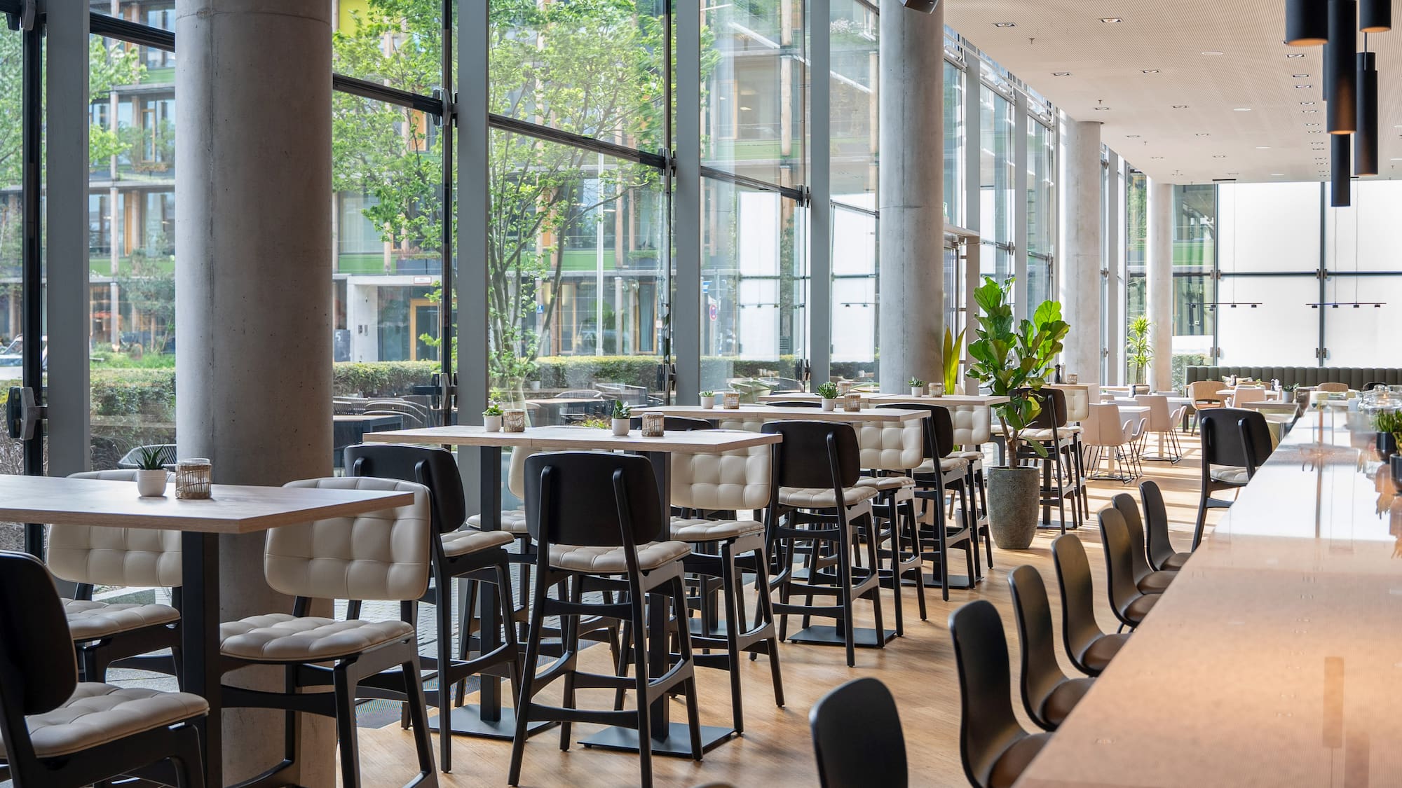 a room with tables and chairs