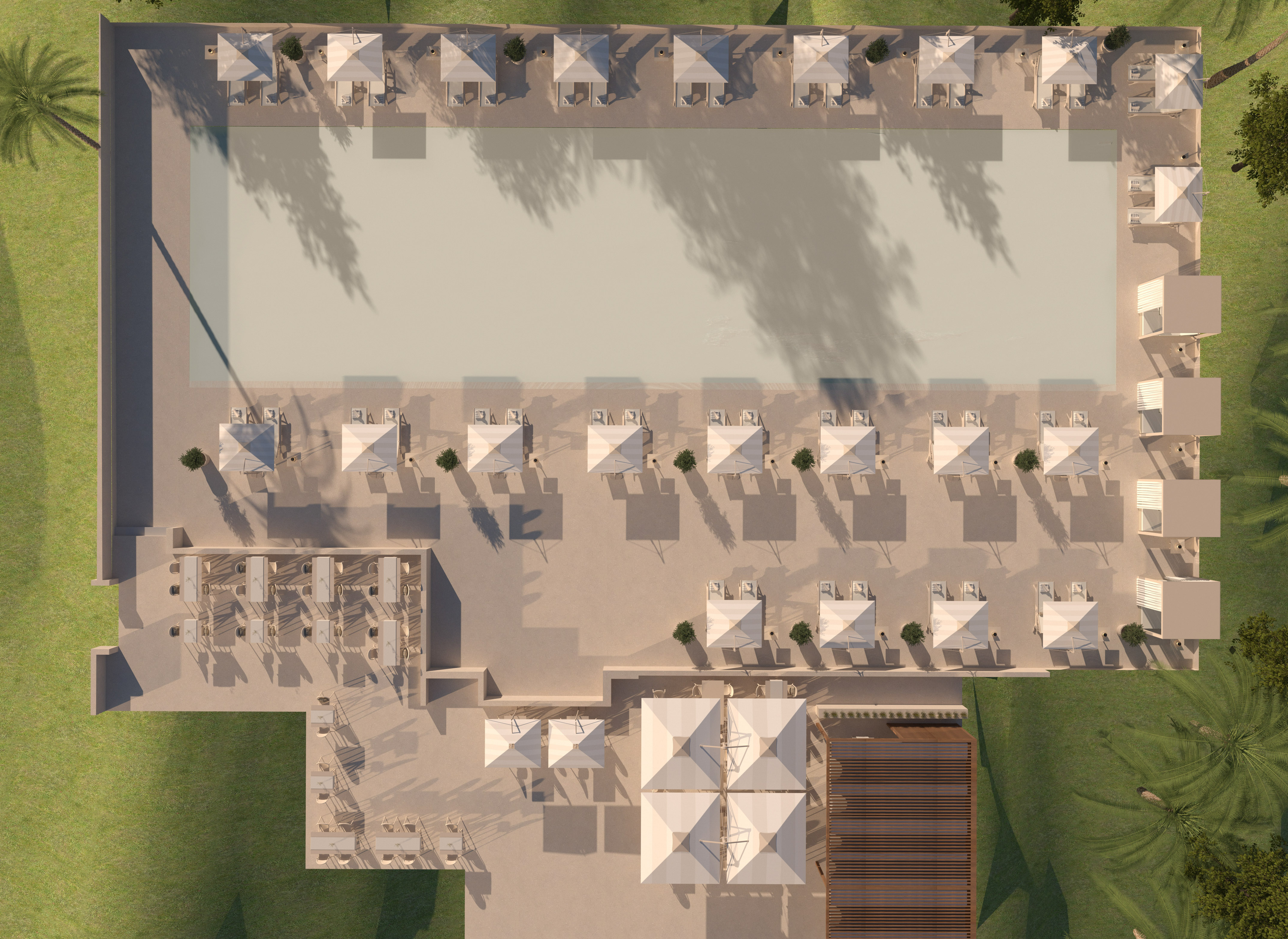 Top-down view of a luxury hotel pool surrounded by loungers and umbrellas. - مسبح خارجي - Hotel Golf Santa Ponsa Meliá Collection, مايوركا