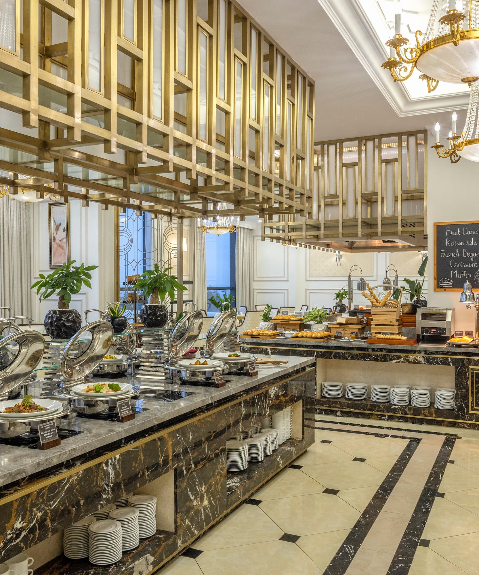 a buffet table with food on it