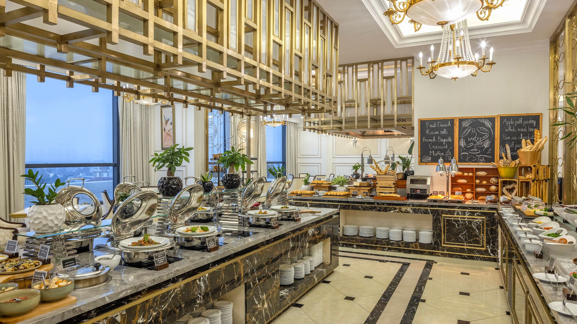 a buffet table with food on it