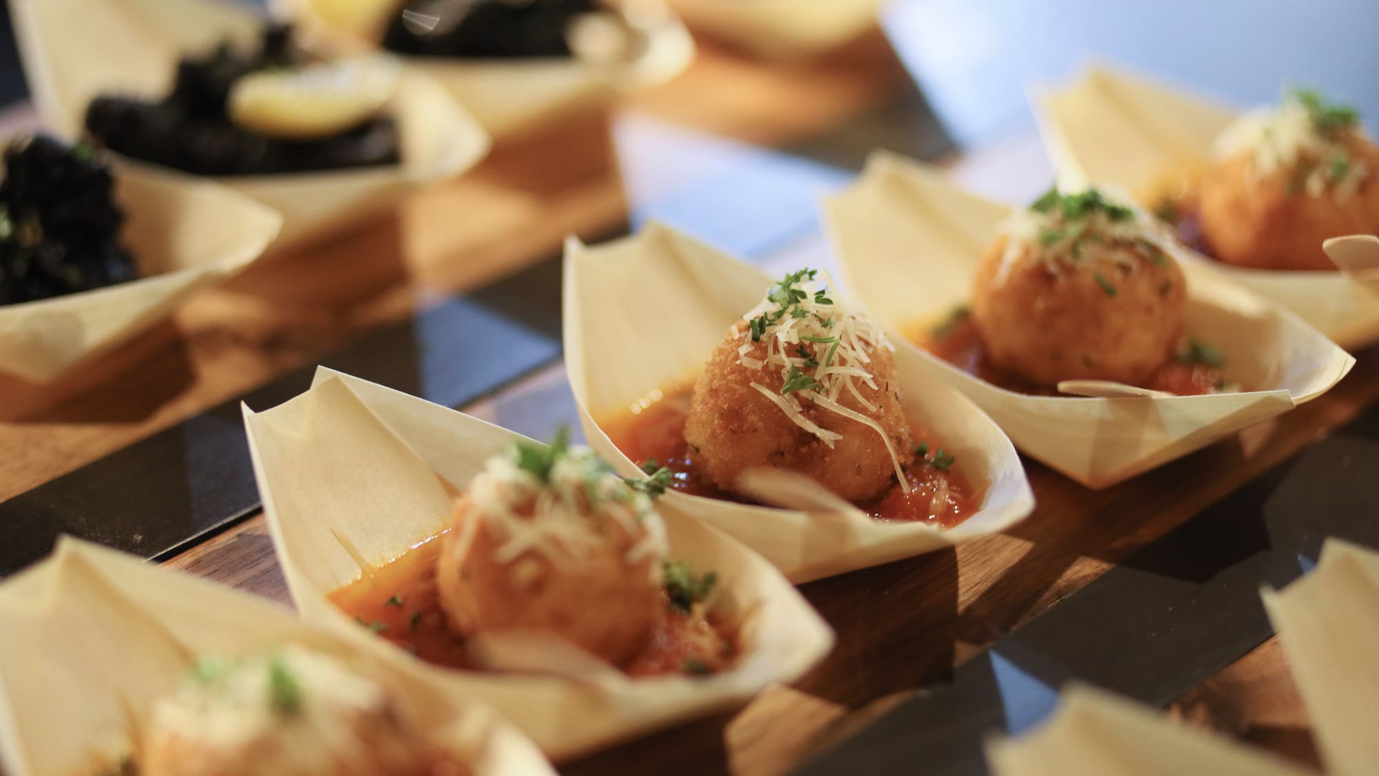 a group of food in small boats
