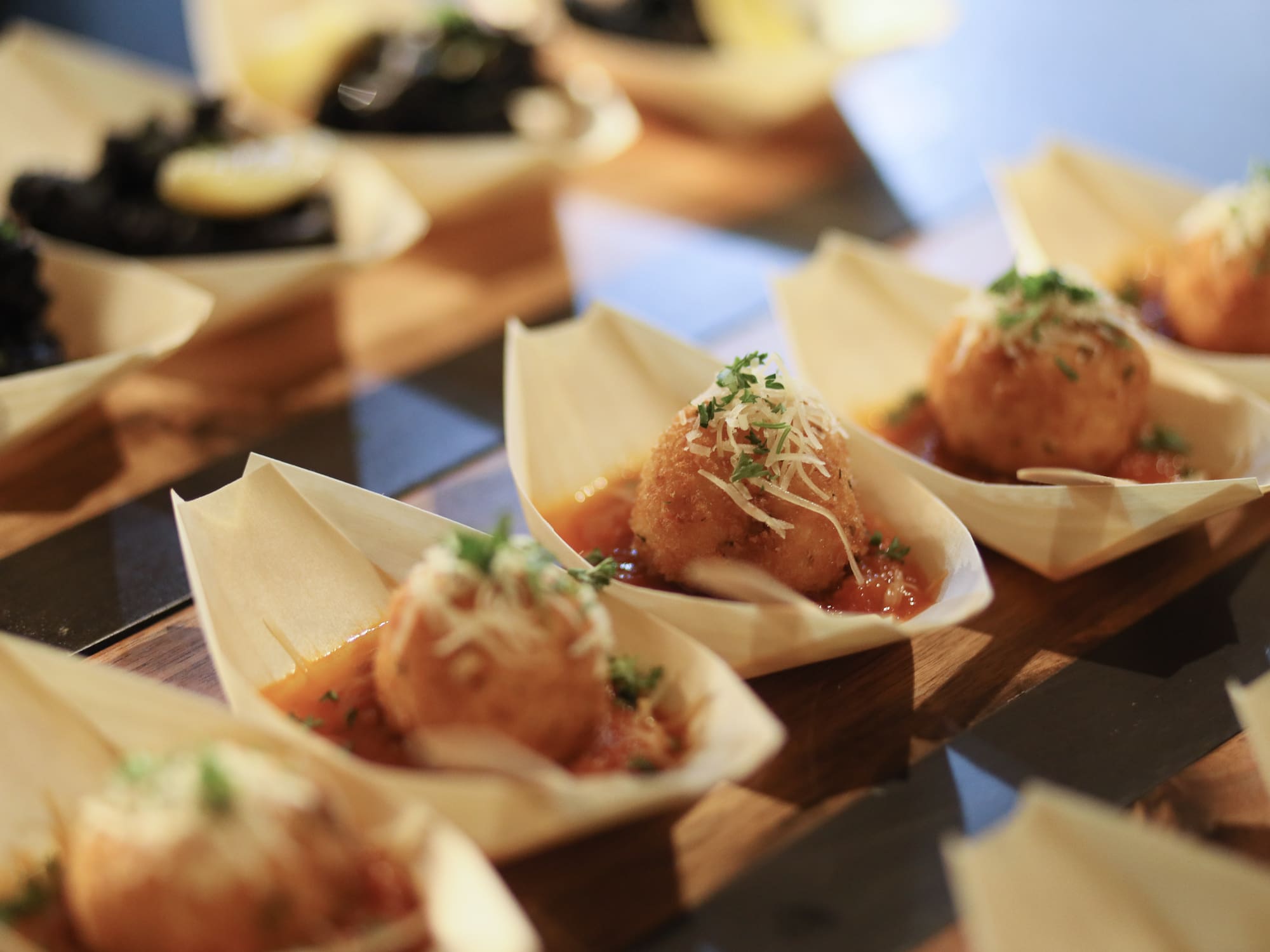 a group of food in small boats