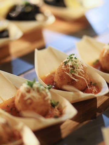 a group of food in small boats