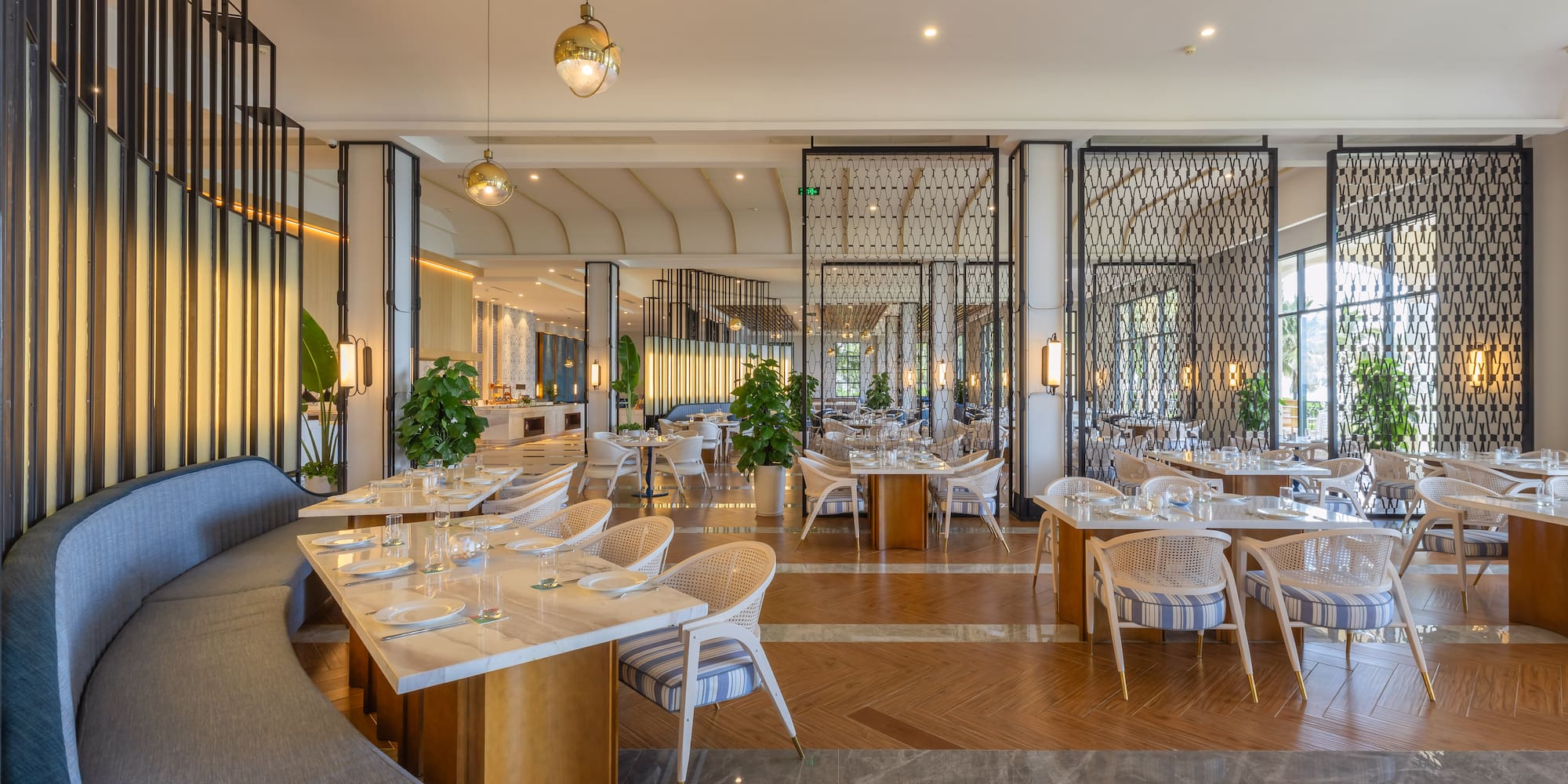 a room with tables and chairs