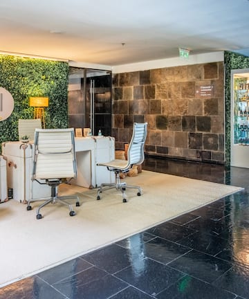 a room with chairs and a wall of plants