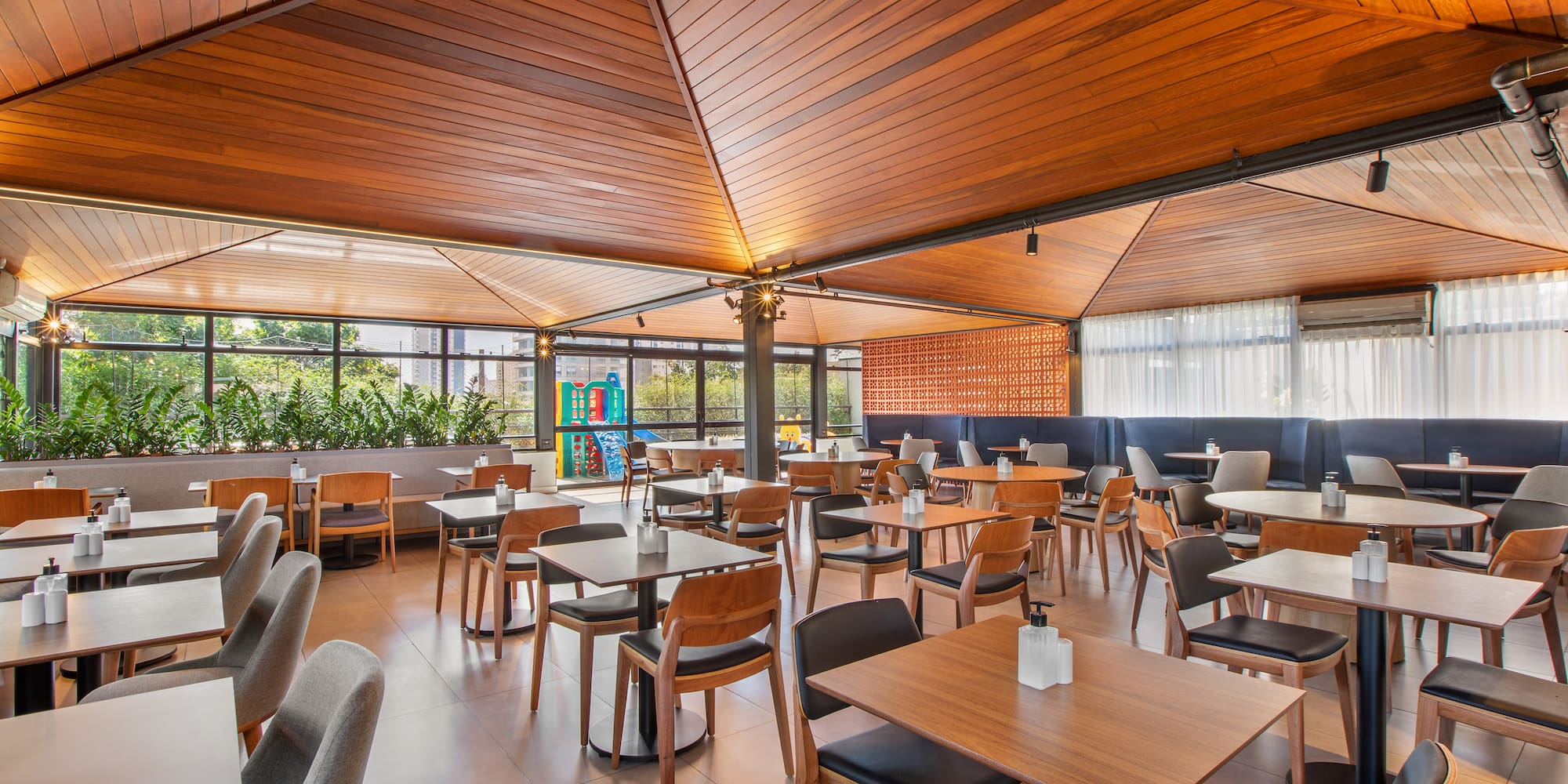 a room with tables and chairs