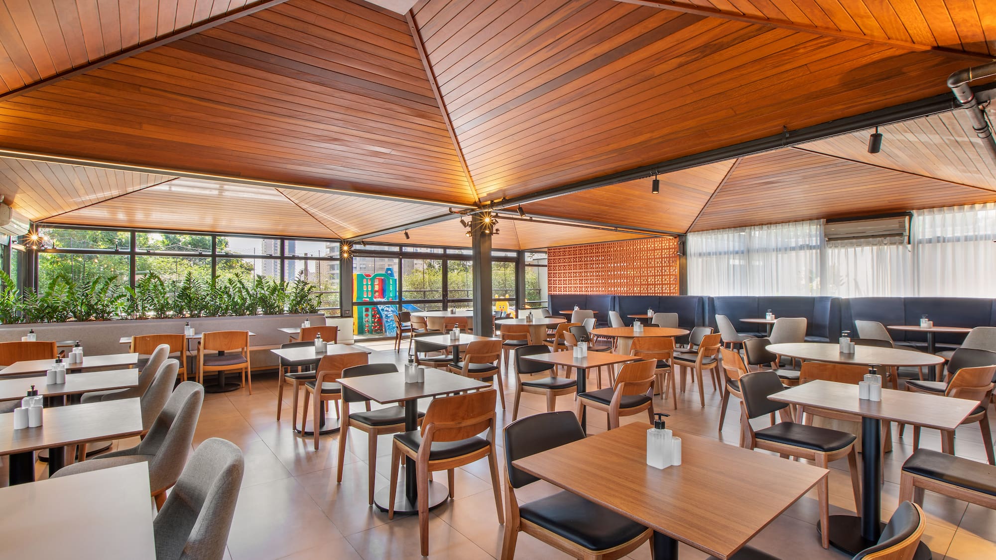 a room with tables and chairs