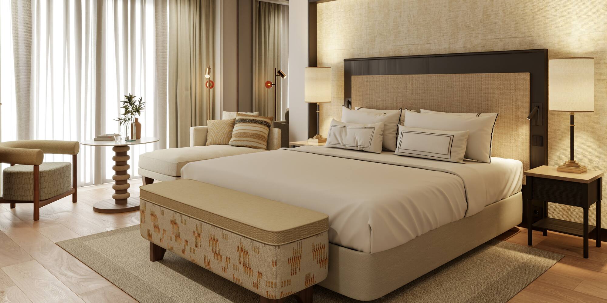 a bedroom with a bed and a chair