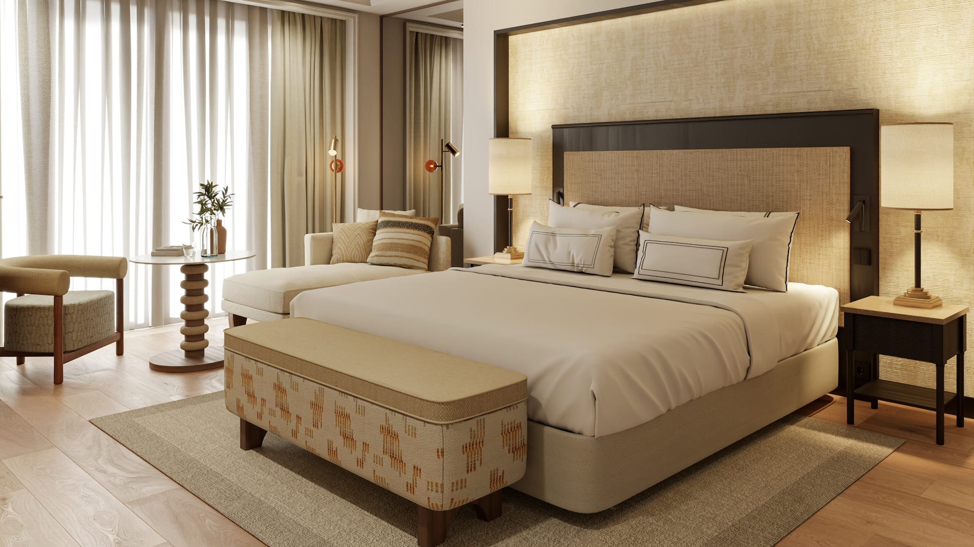 a bedroom with a bed and a chair