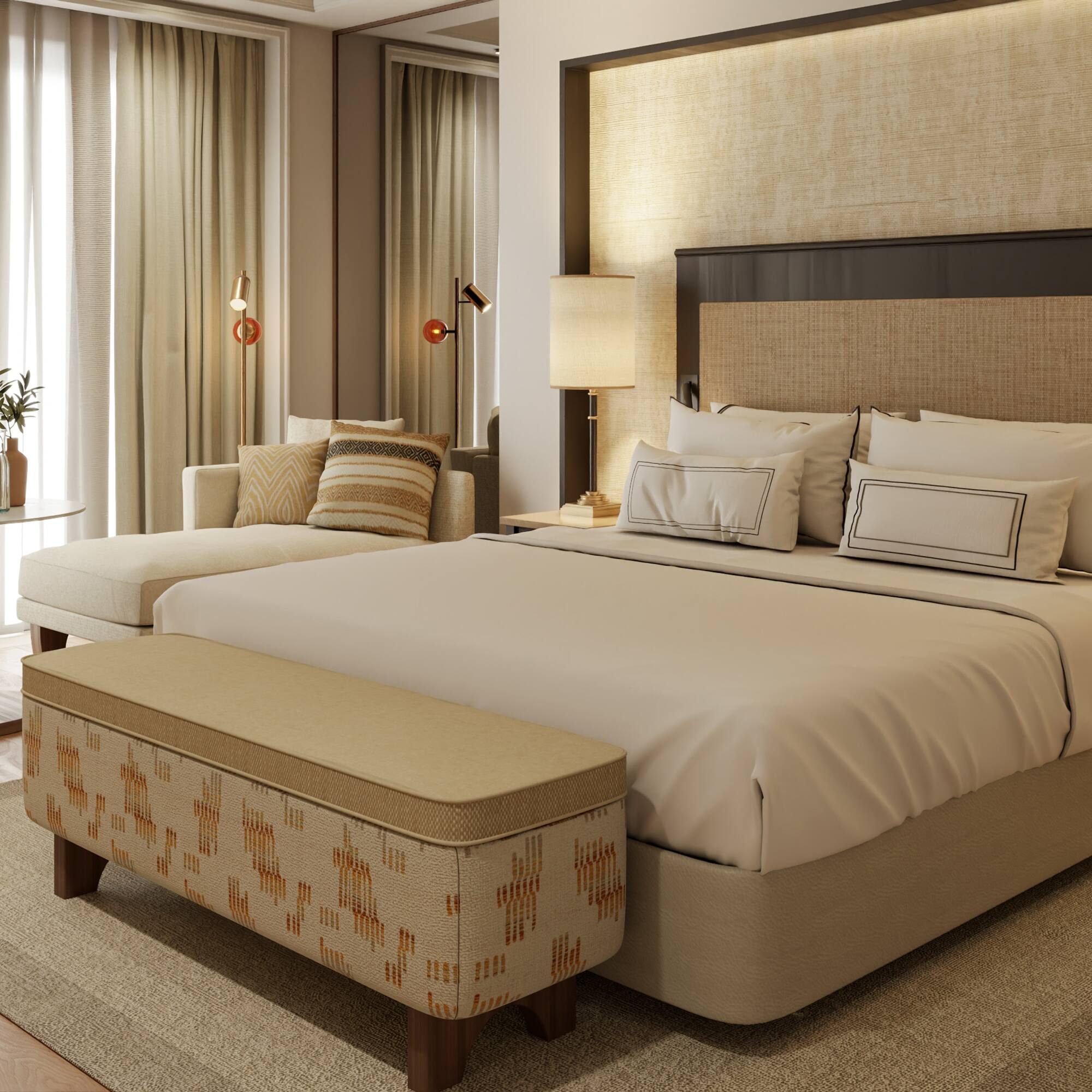 a bedroom with a bed and a chair