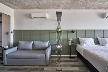 a room with two beds and a couch