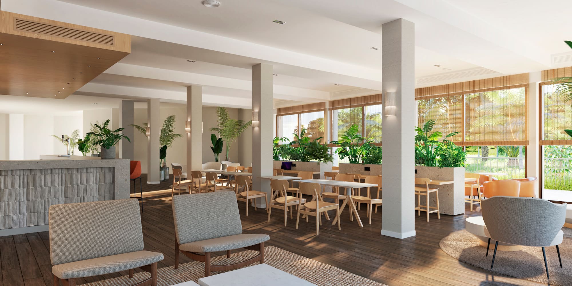 a room with chairs and tables