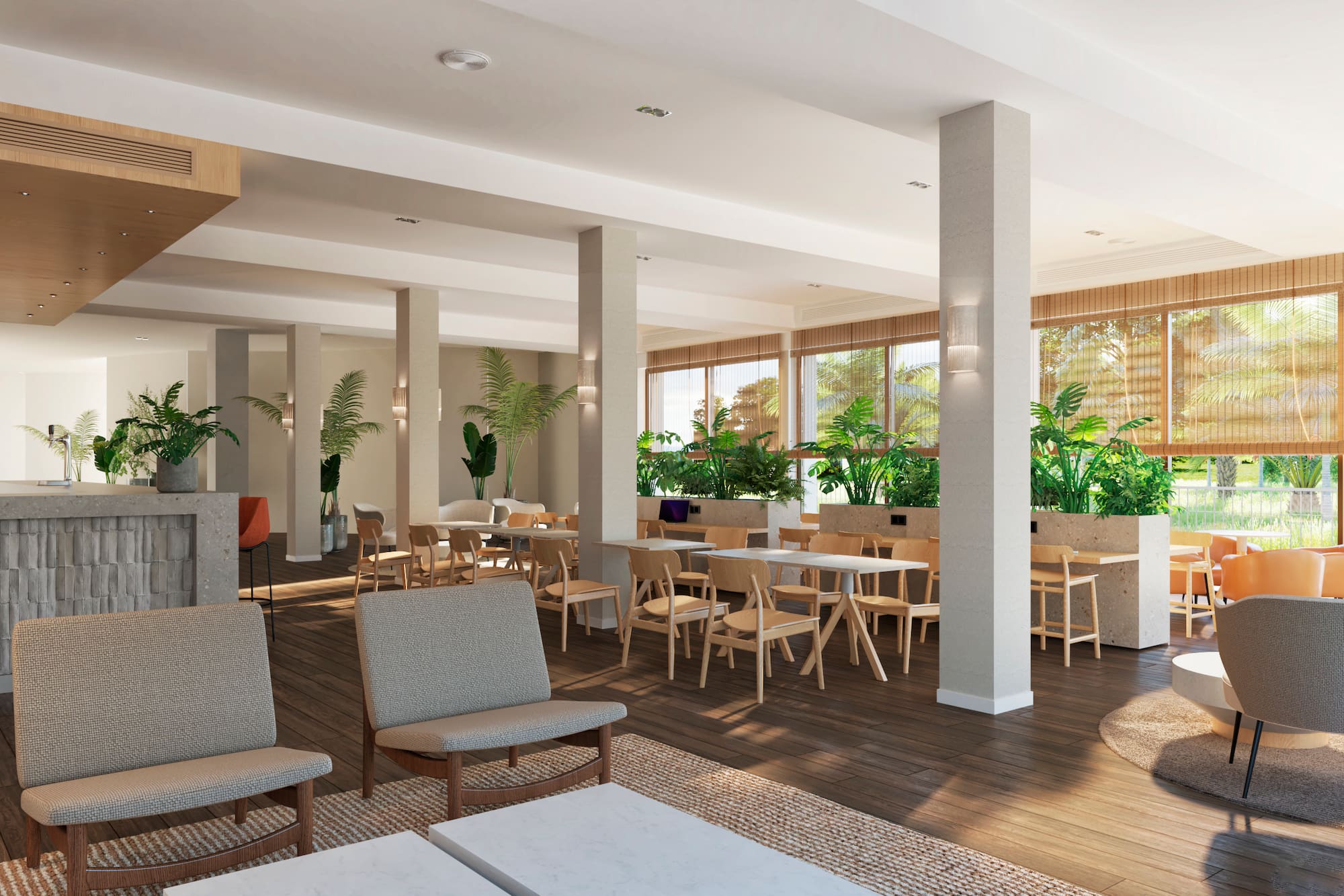 Modern hotel restaurant lounge with lush plants, wooden furniture, and large windows.