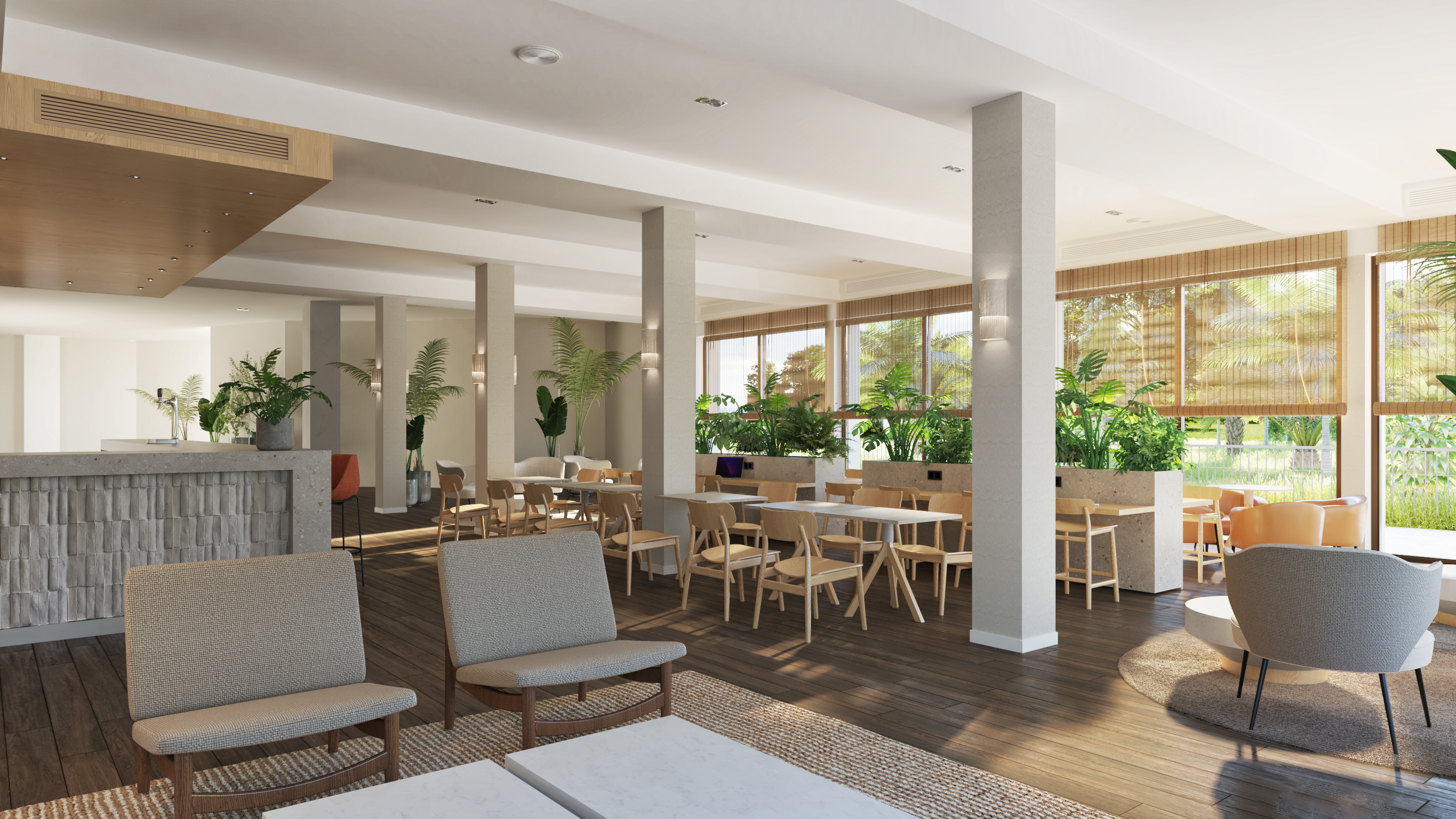 Modern hotel restaurant lounge with lush plants, wooden furniture, and large windows.