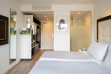 a room with a bed and a shower