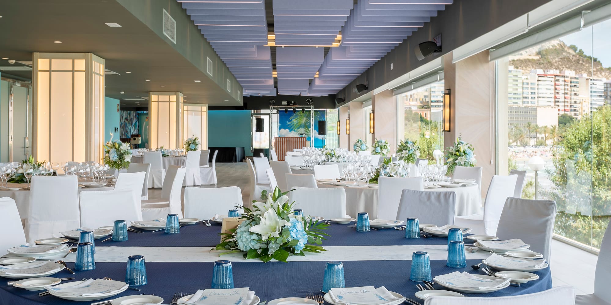 a room with tables and chairs