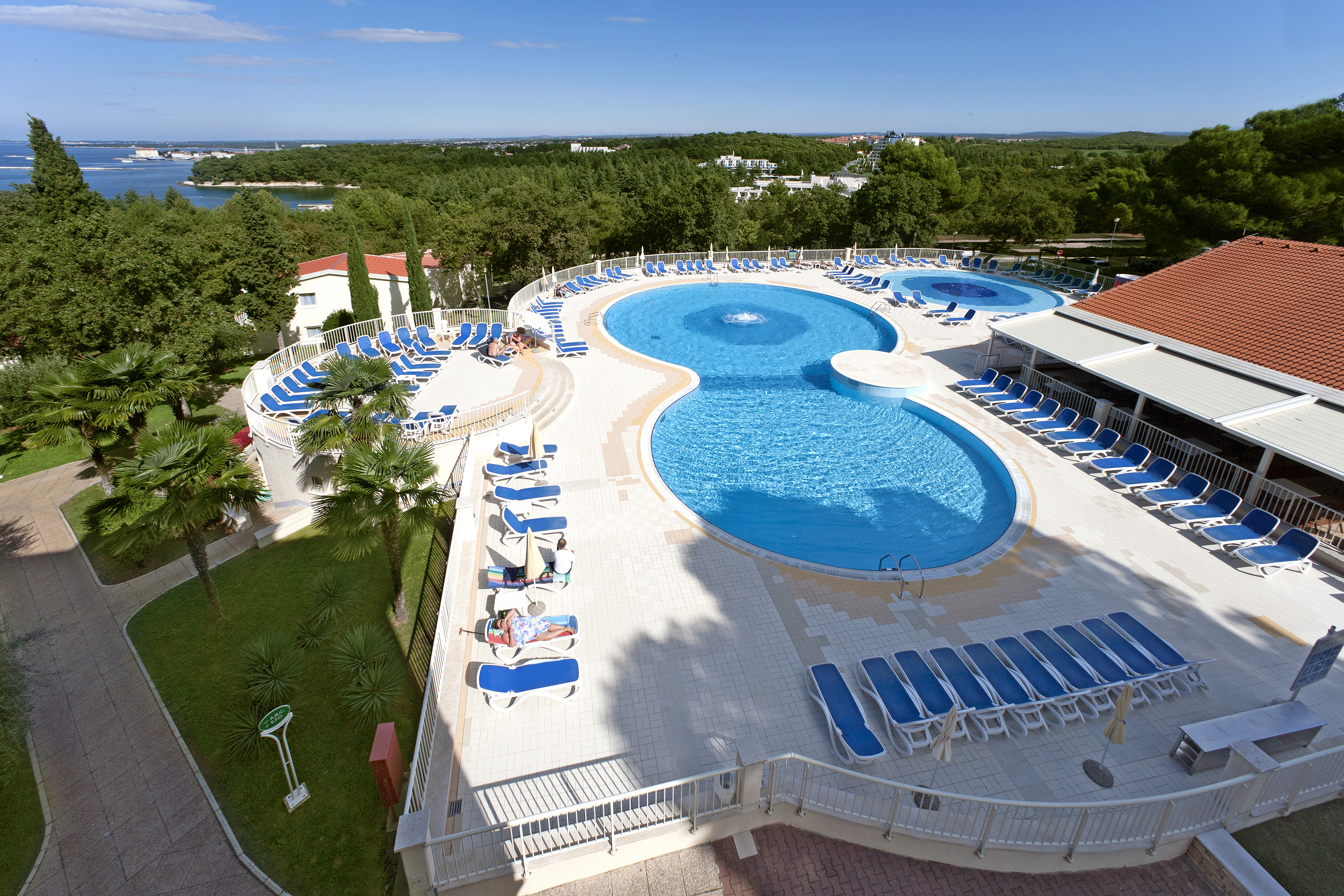 a pool with chairs and trees
