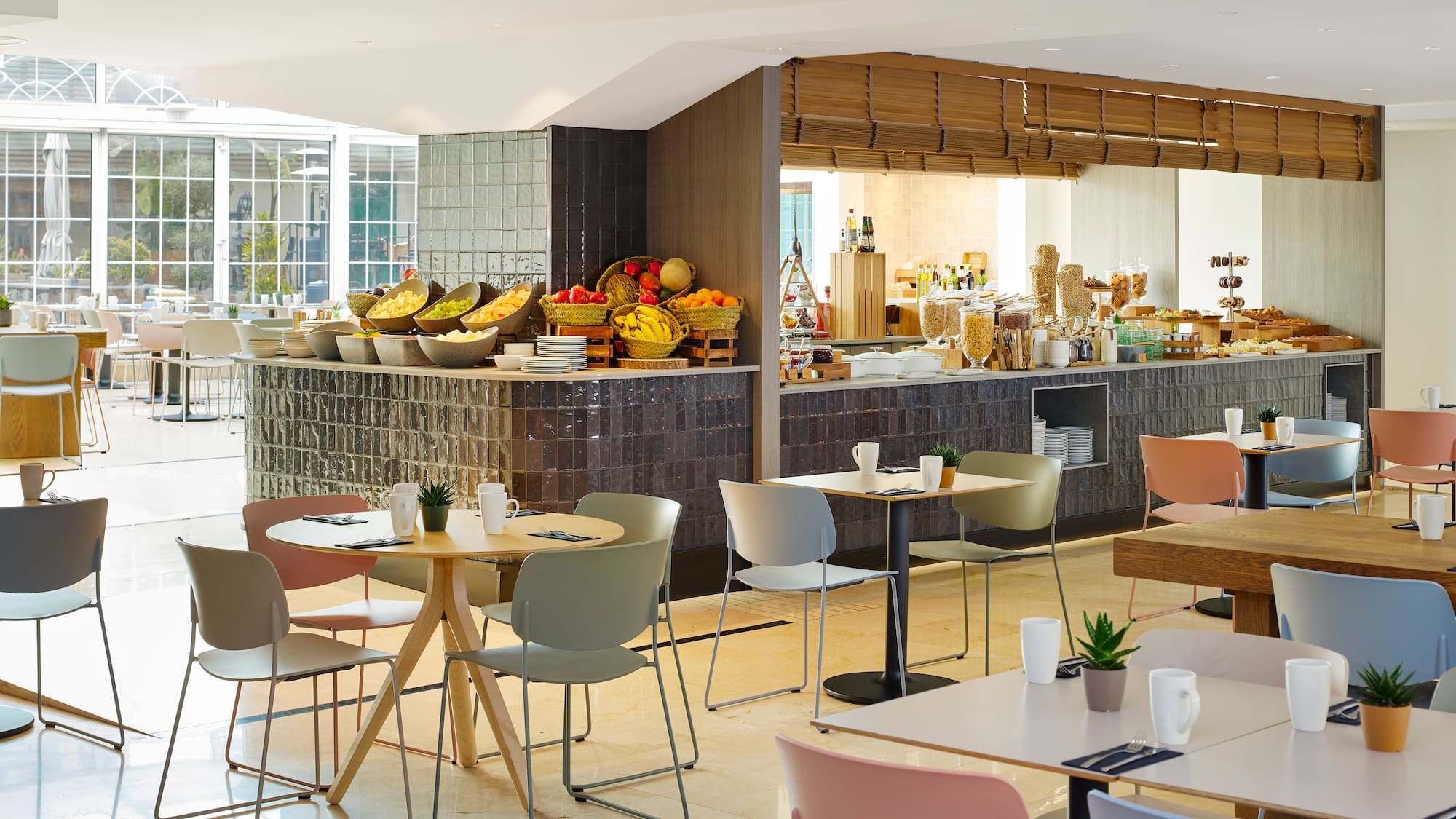 a restaurant with tables and chairs