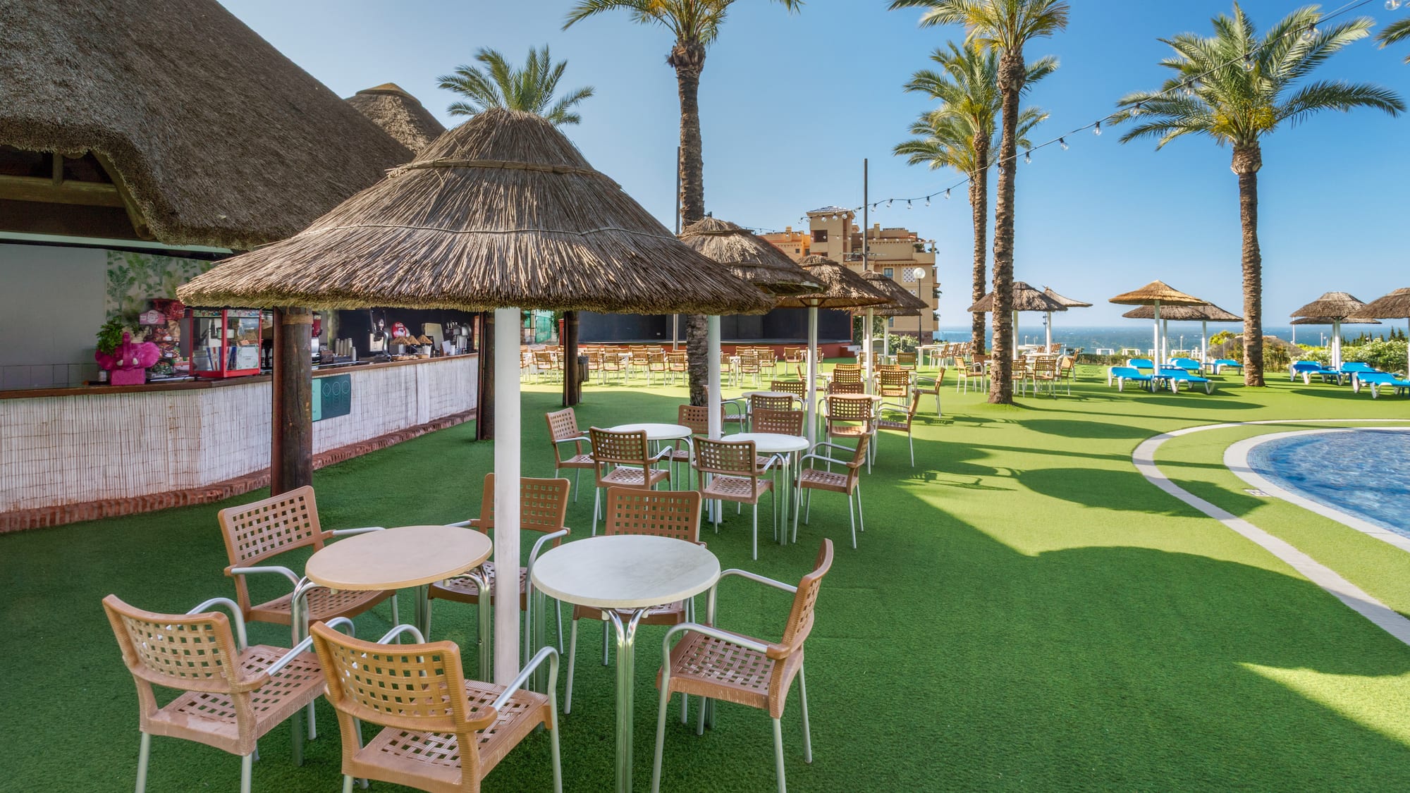 Tropical poolside bar with thatched umbrellas, tables, palm trees, and ocean.