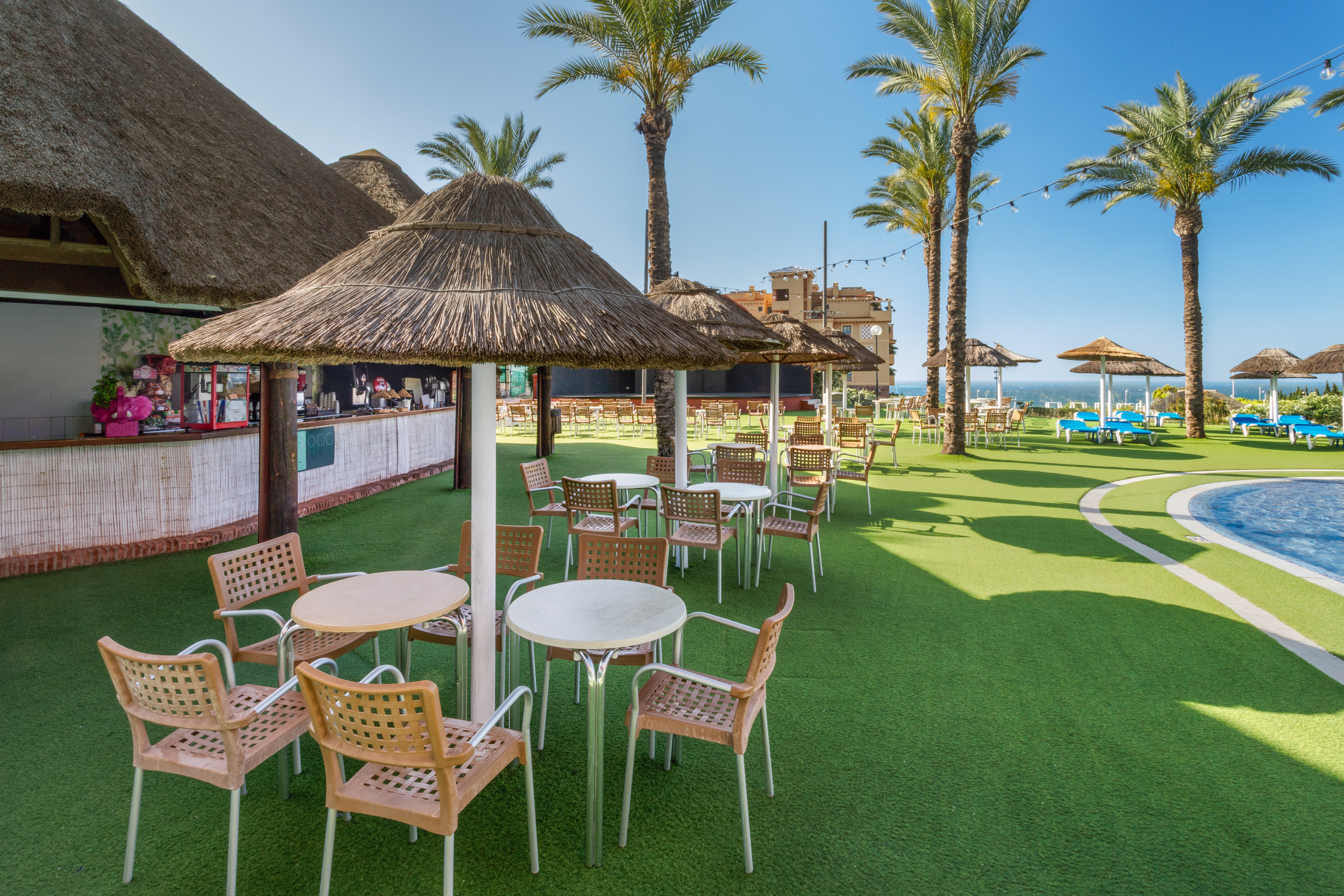 Resort poolside bar with thatched umbrellas, outdoor tables, chairs, and palm trees.