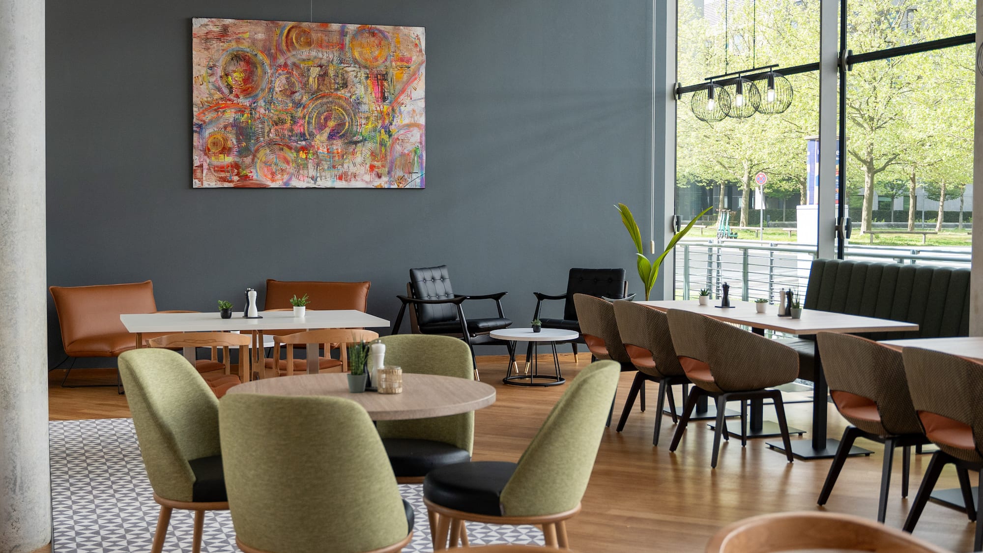 a room with tables and chairs