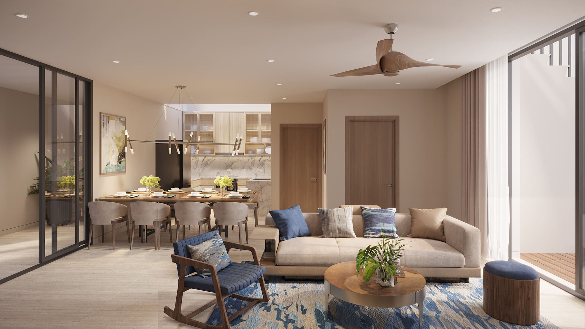 a living room with a couch and a dining table