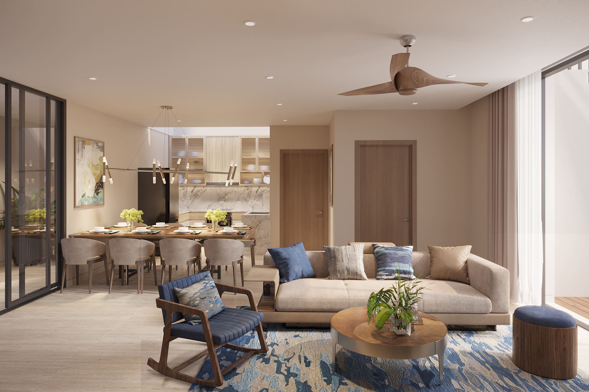 a living room with a couch and a dining table