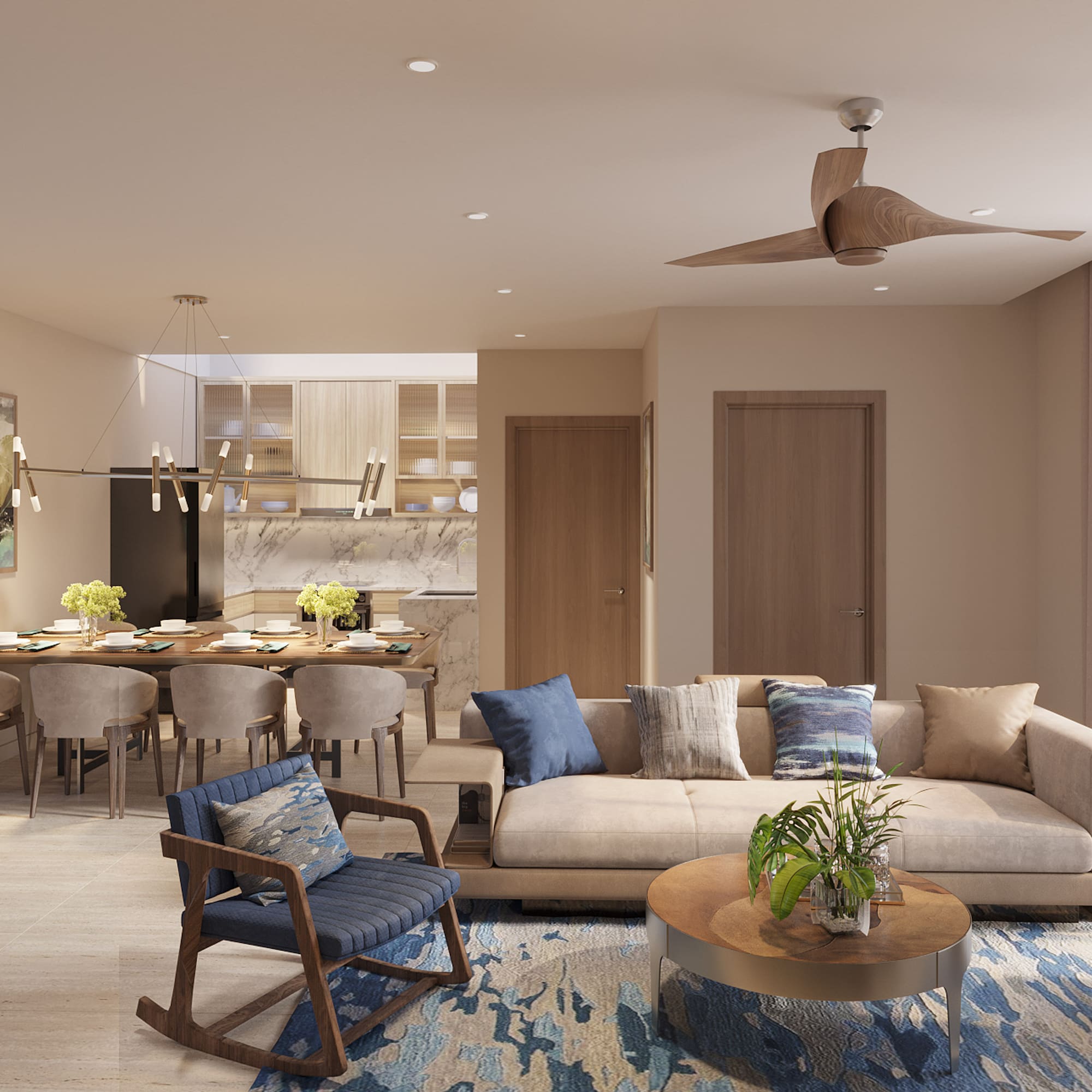 a living room with a couch and a dining table