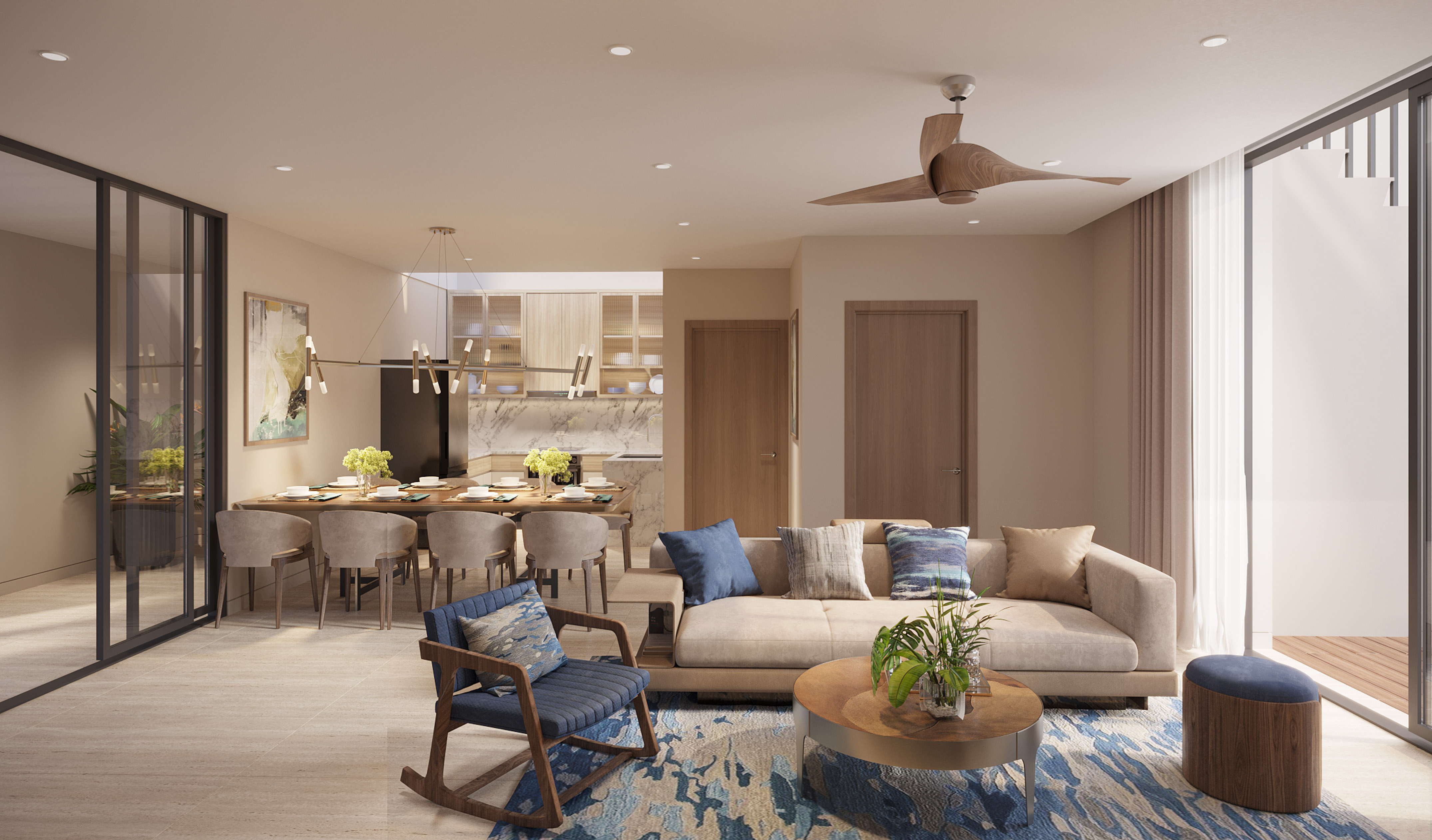 a living room with a couch and a dining table