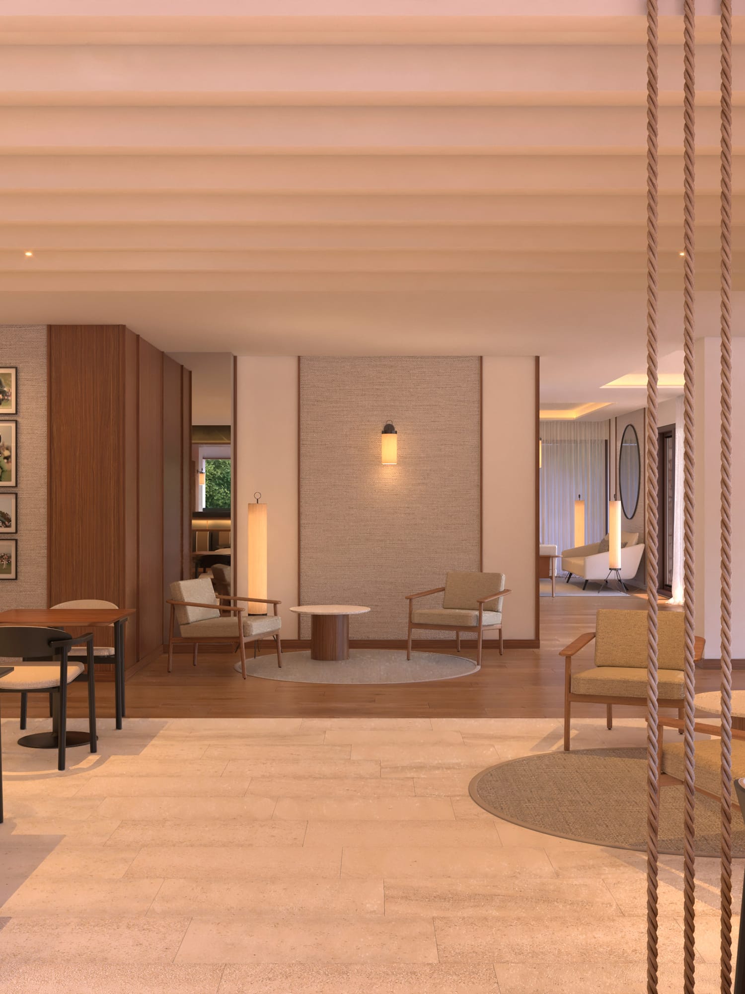 Elegante sala de estar de hotel con diseño moderno y divisor de cuerdas. - Hotel Golf Santa Ponsa Meliá Collection, Mallorca