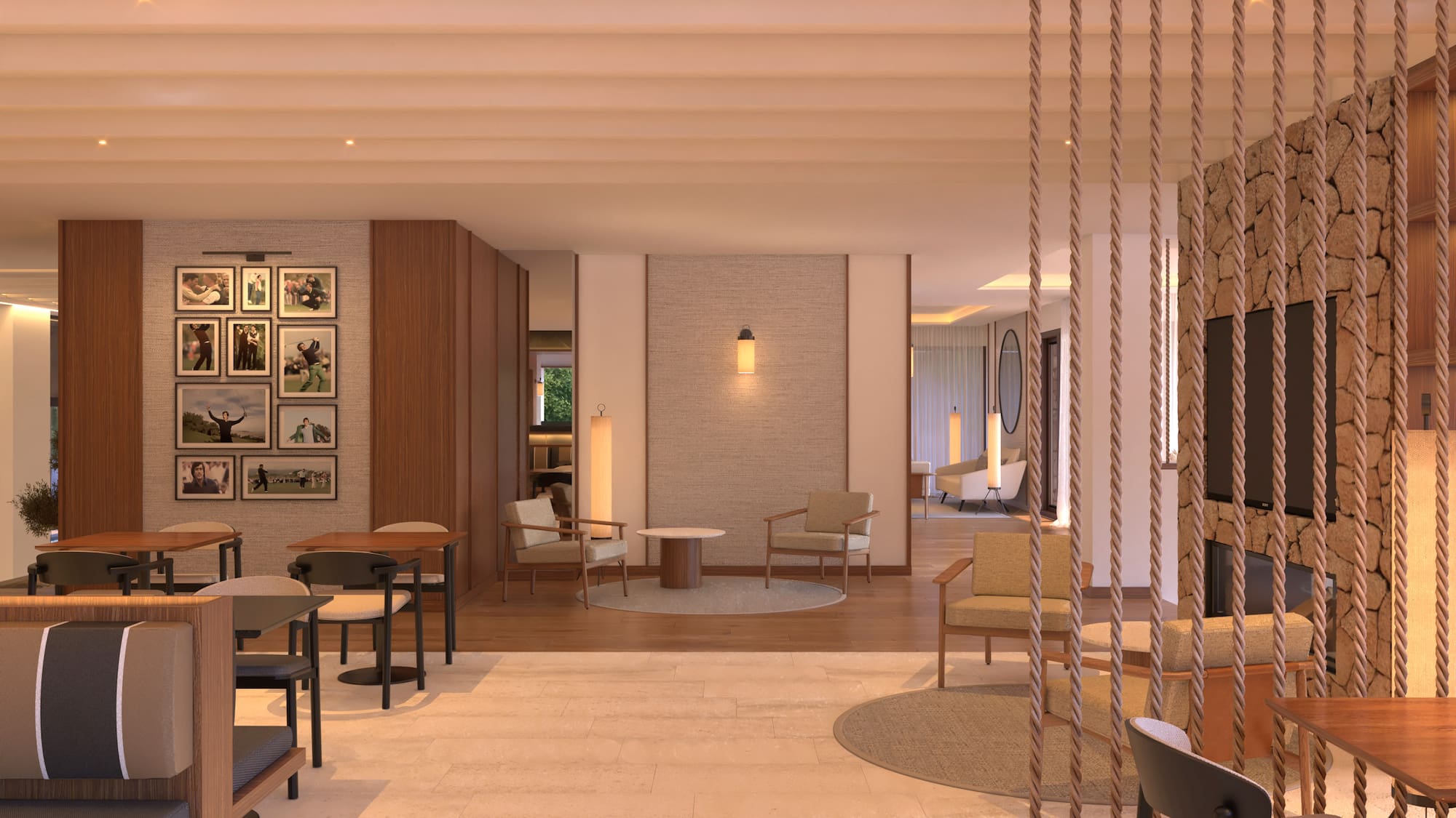 Interior moderno de hotel com divisória de cordas e sofás confortáveis. - Restaurante, Cozinha internacional - Hotel Golf Santa Ponsa Meliá Collection, Maiorca