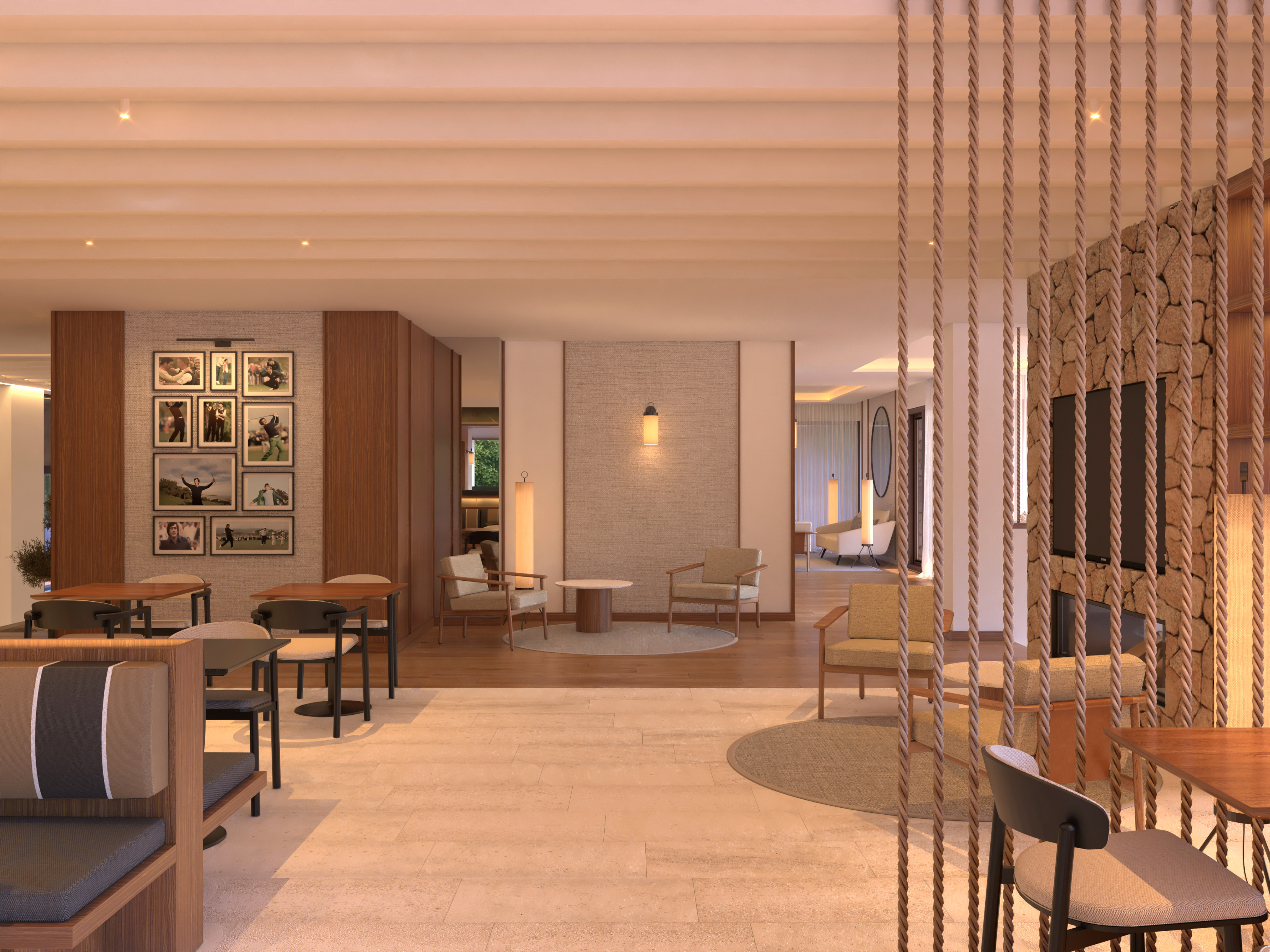 صالة فندق عصرية بإضاءة دافئة وفواصل بحبال خشنة. - Hotel Golf Santa Ponsa Meliá Collection, مايوركا