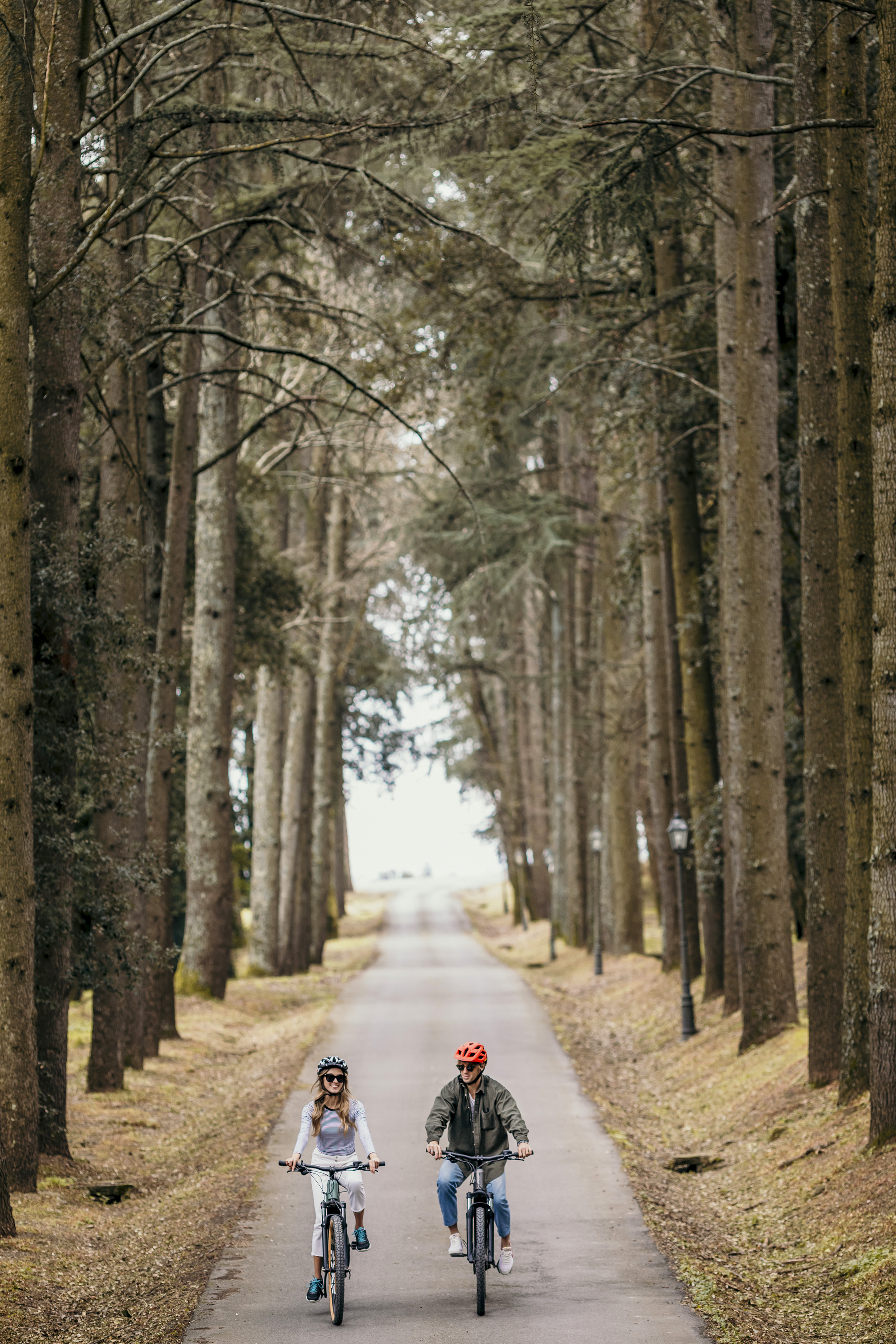 a couple of people on a road with trees