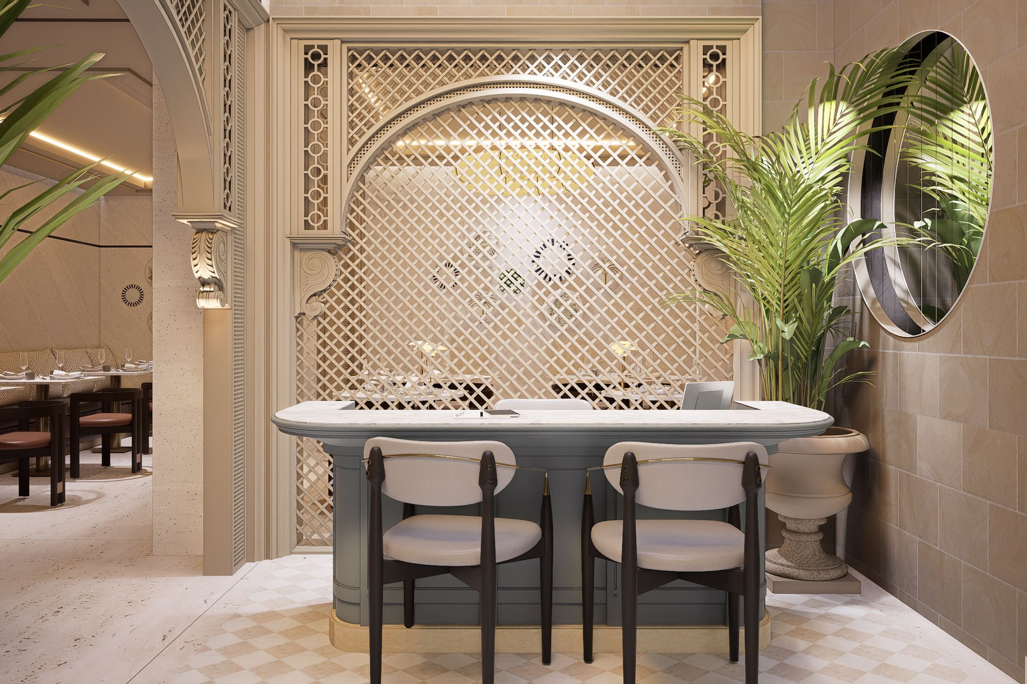 Recepción de restaurante moderno con mostrador, plantas y celosía decorativa.