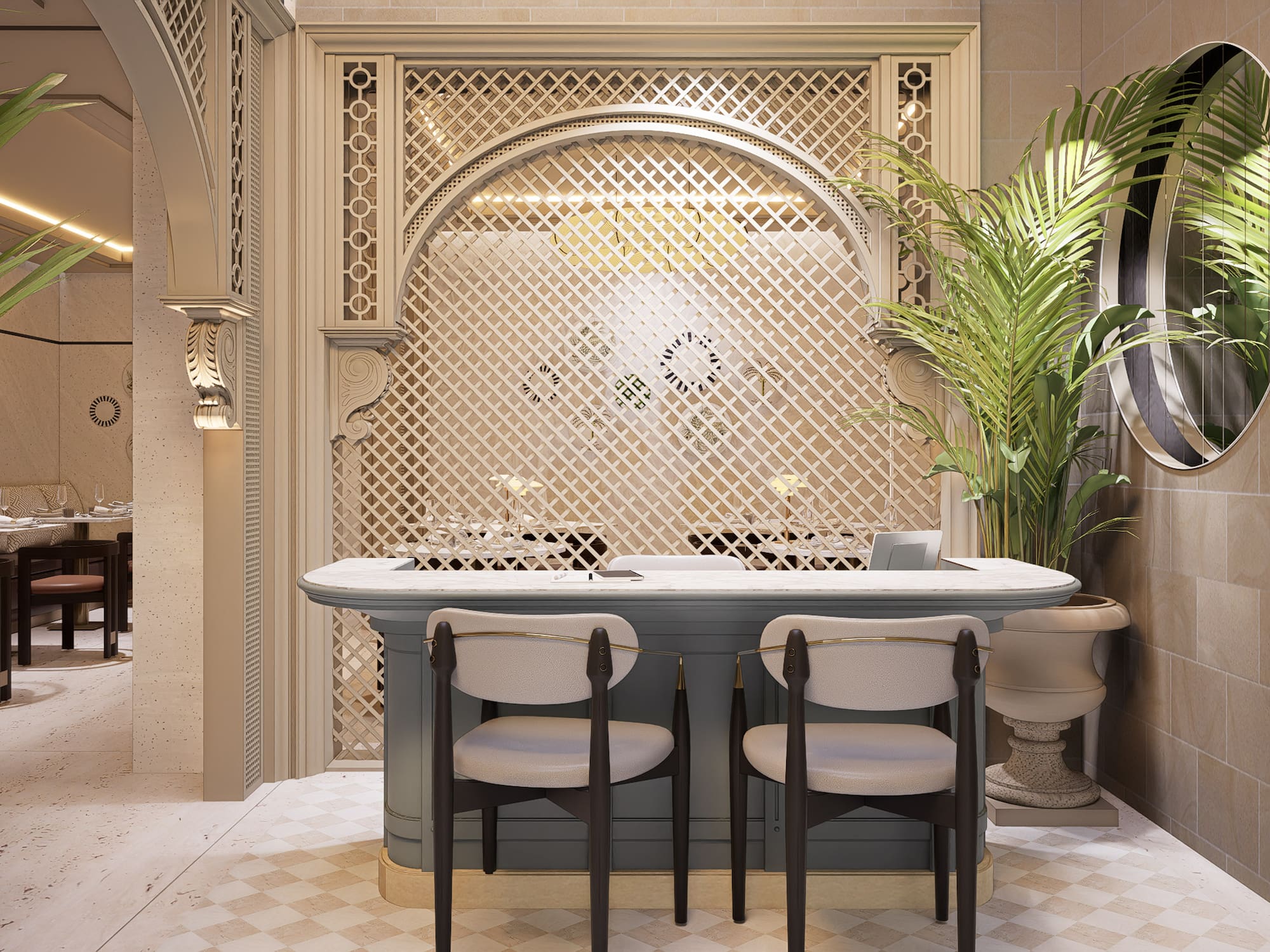 Recepción de restaurante moderno con mostrador, plantas y celosía decorativa.