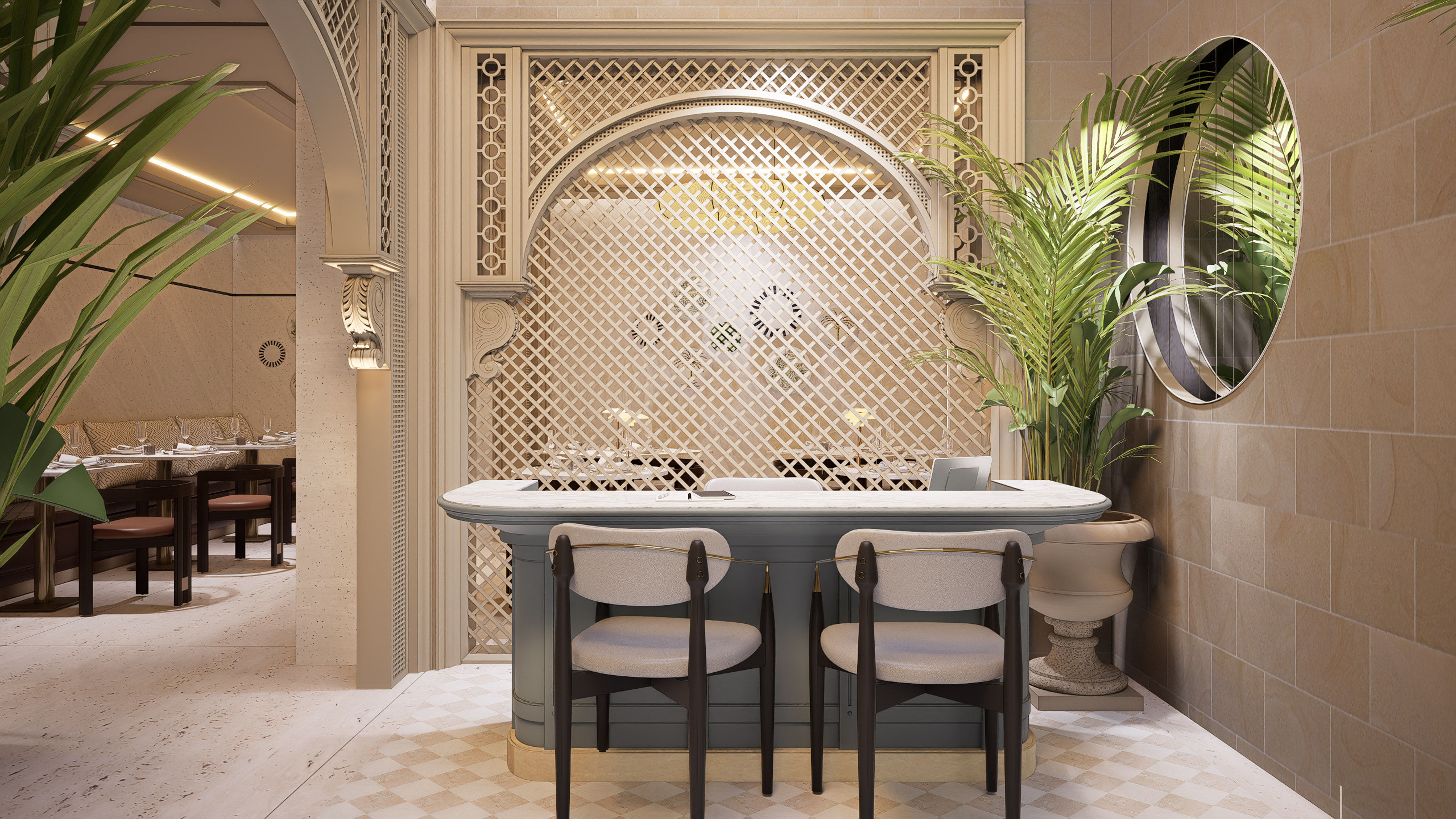 Recepción de restaurante moderno con mostrador, plantas y celosía decorativa.