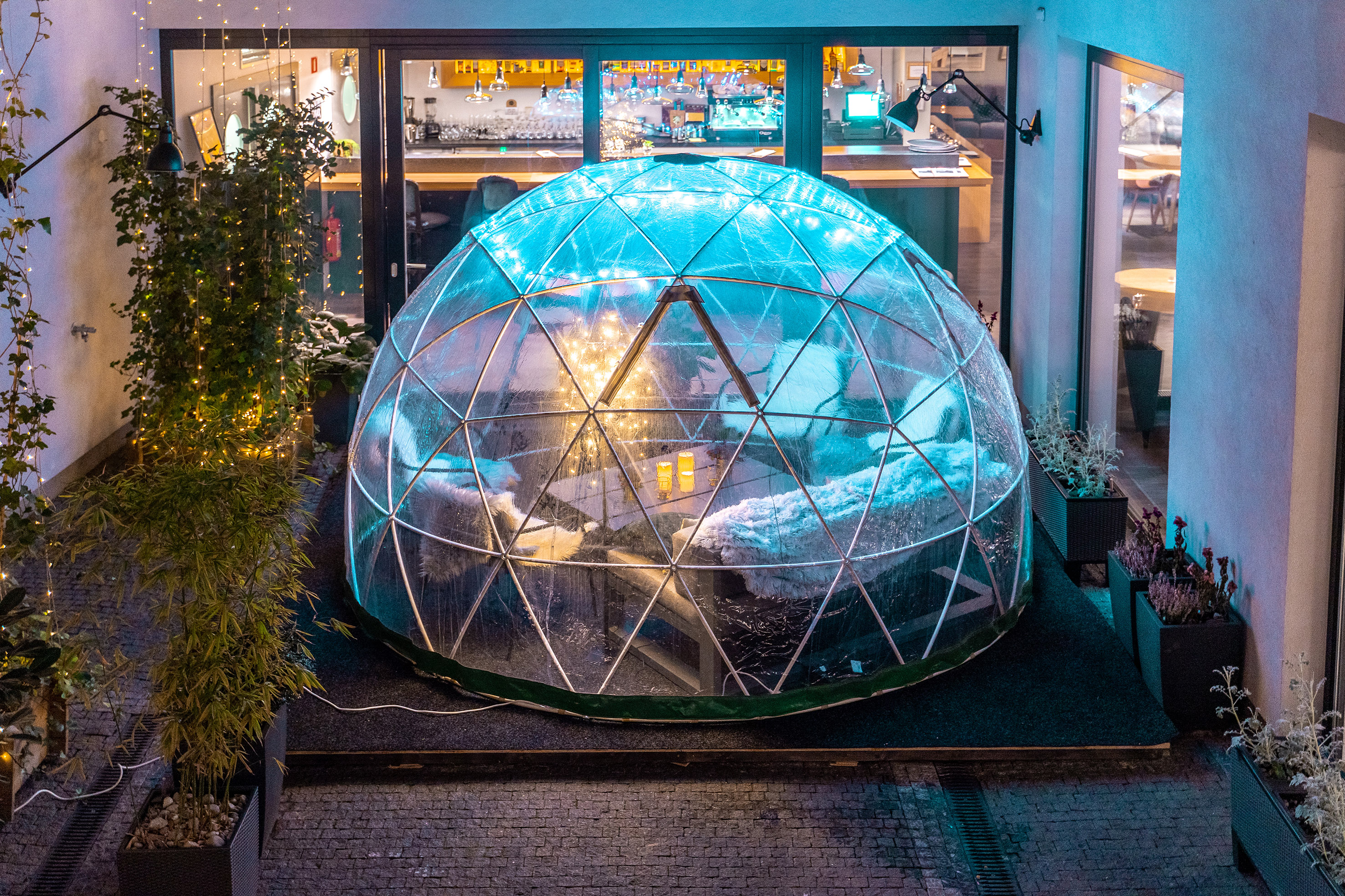 a glass dome with a blue light inside