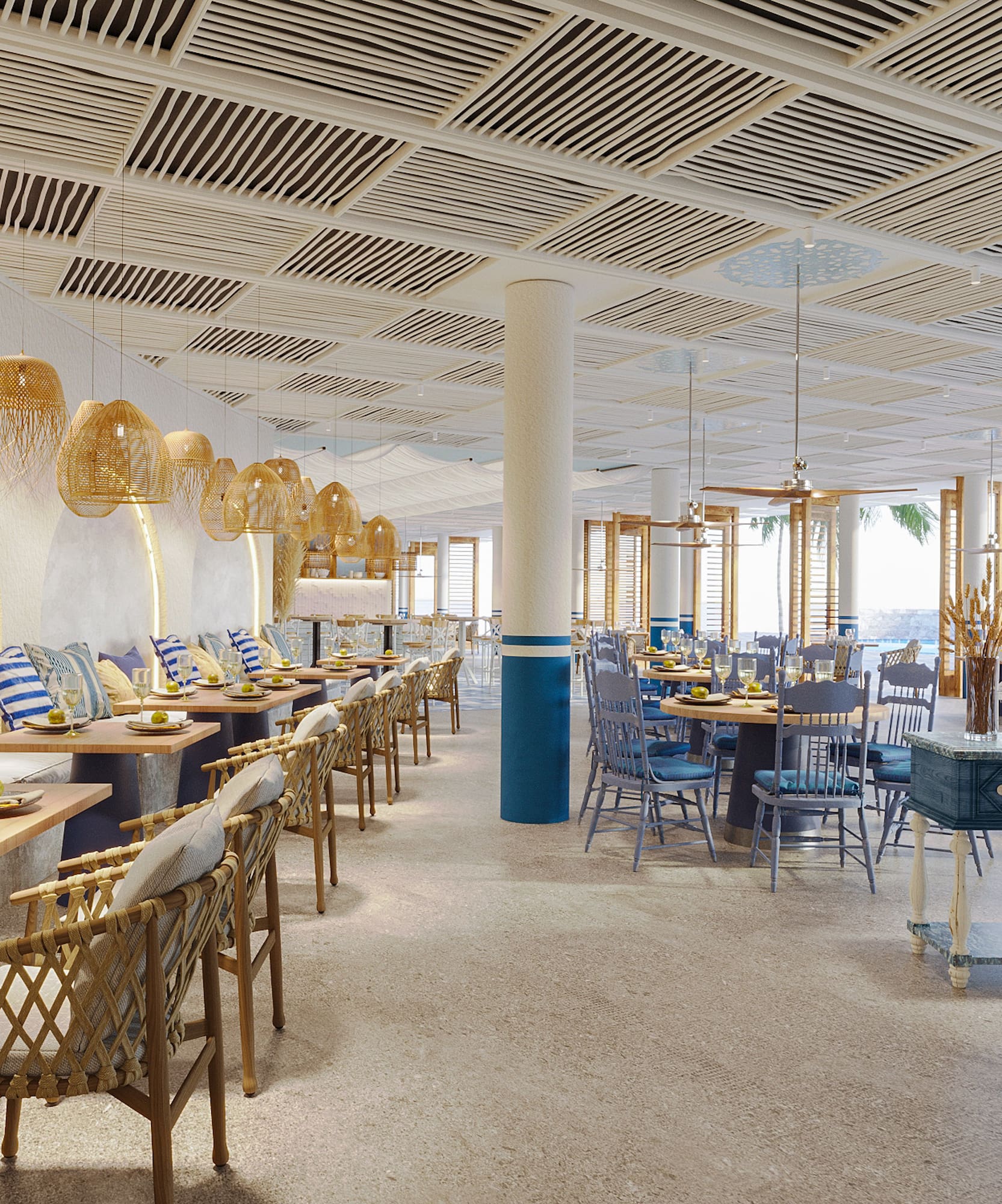 a room with tables and chairs