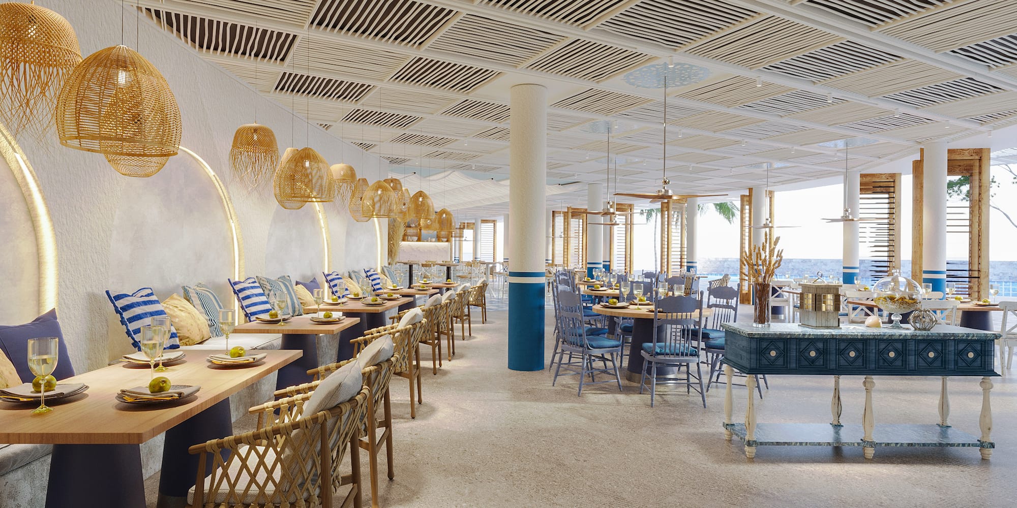 a large room with tables and chairs