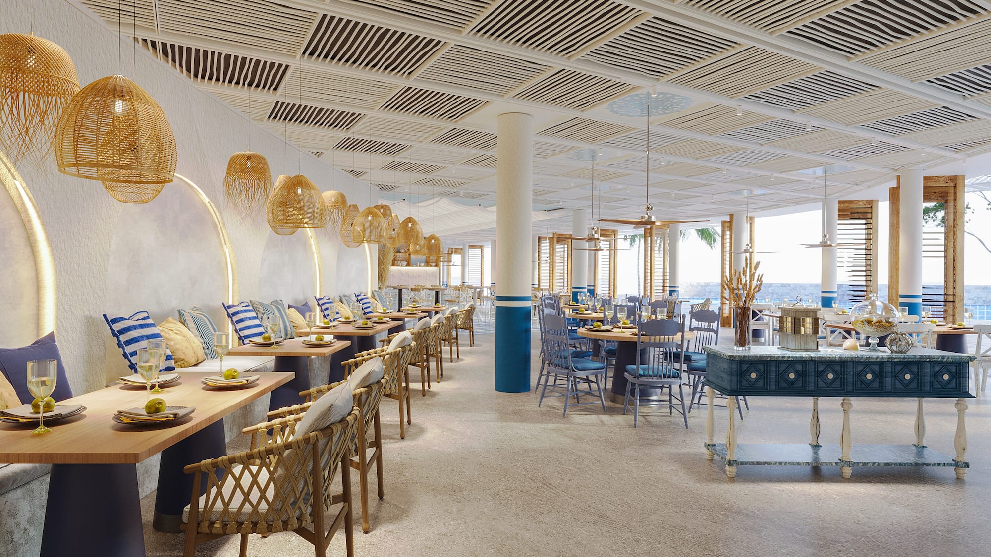 a room with tables and chairs