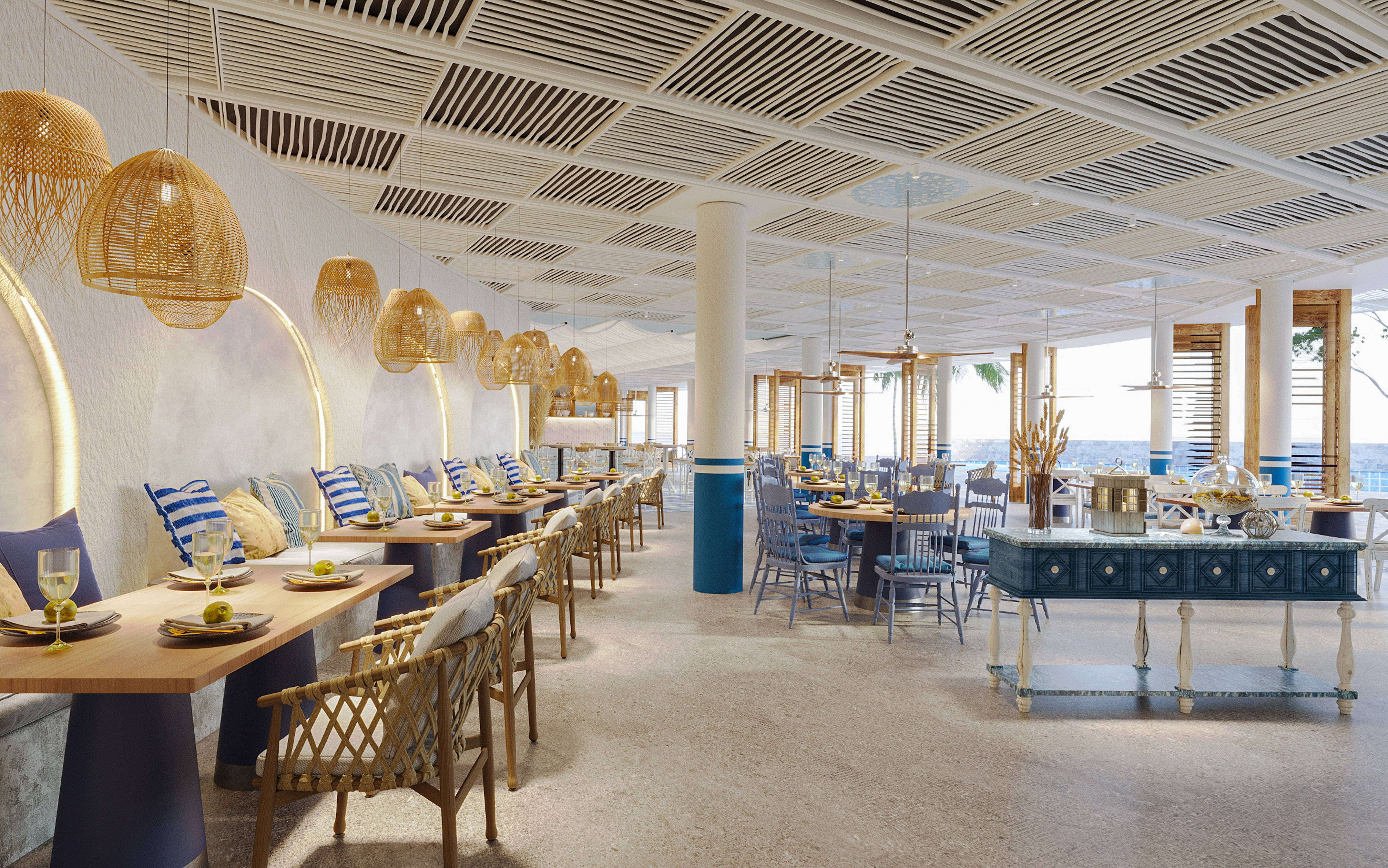 Coastal restaurant interior with woven pendant lights and blue seating.