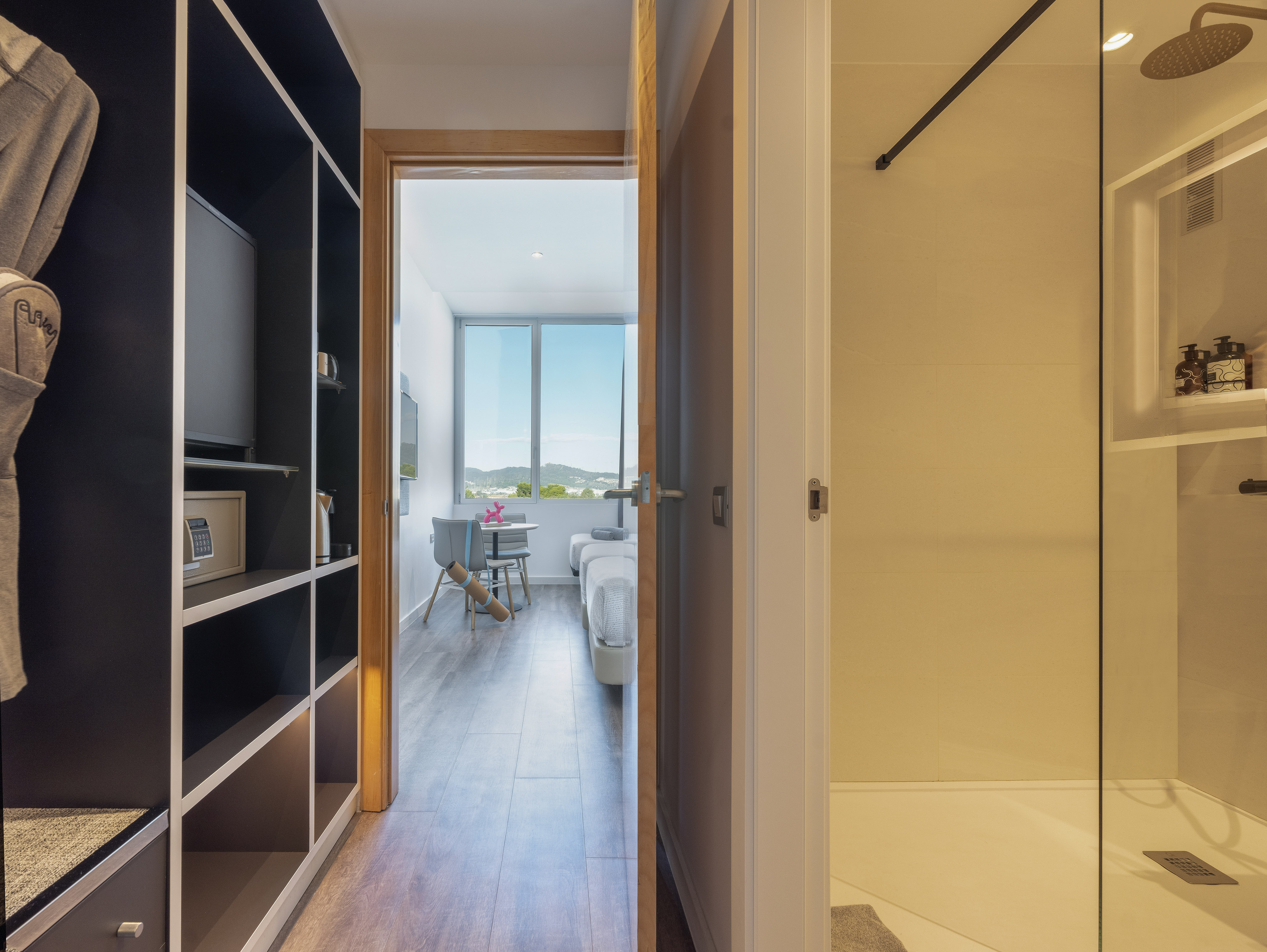Modern hotel room interior with open wardrobe, walk-in shower, and bedroom with a view.