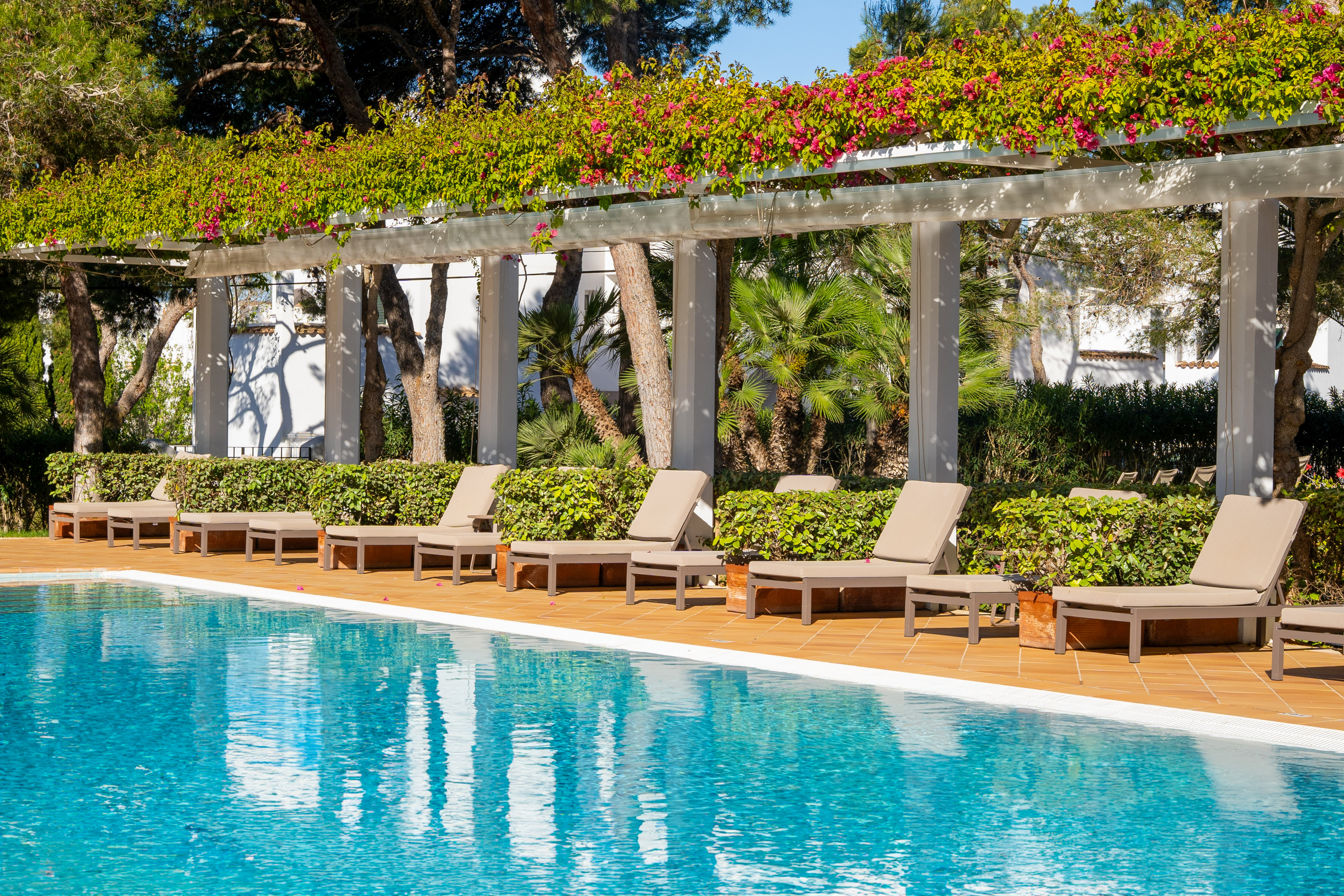 Poolside lounge chairs under a bougainvillea pergola beside a clear swimming pool. - Piscine paesaggistiche sorprendenti - Meliá Cala d'Or Boutique Hotel, Maiorca