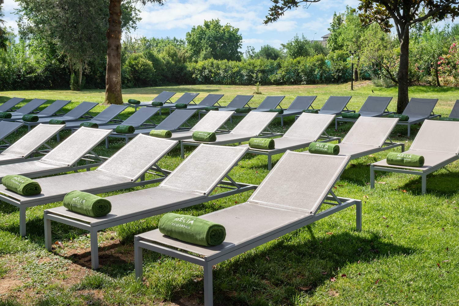 a group of lounge chairs in a grassy area