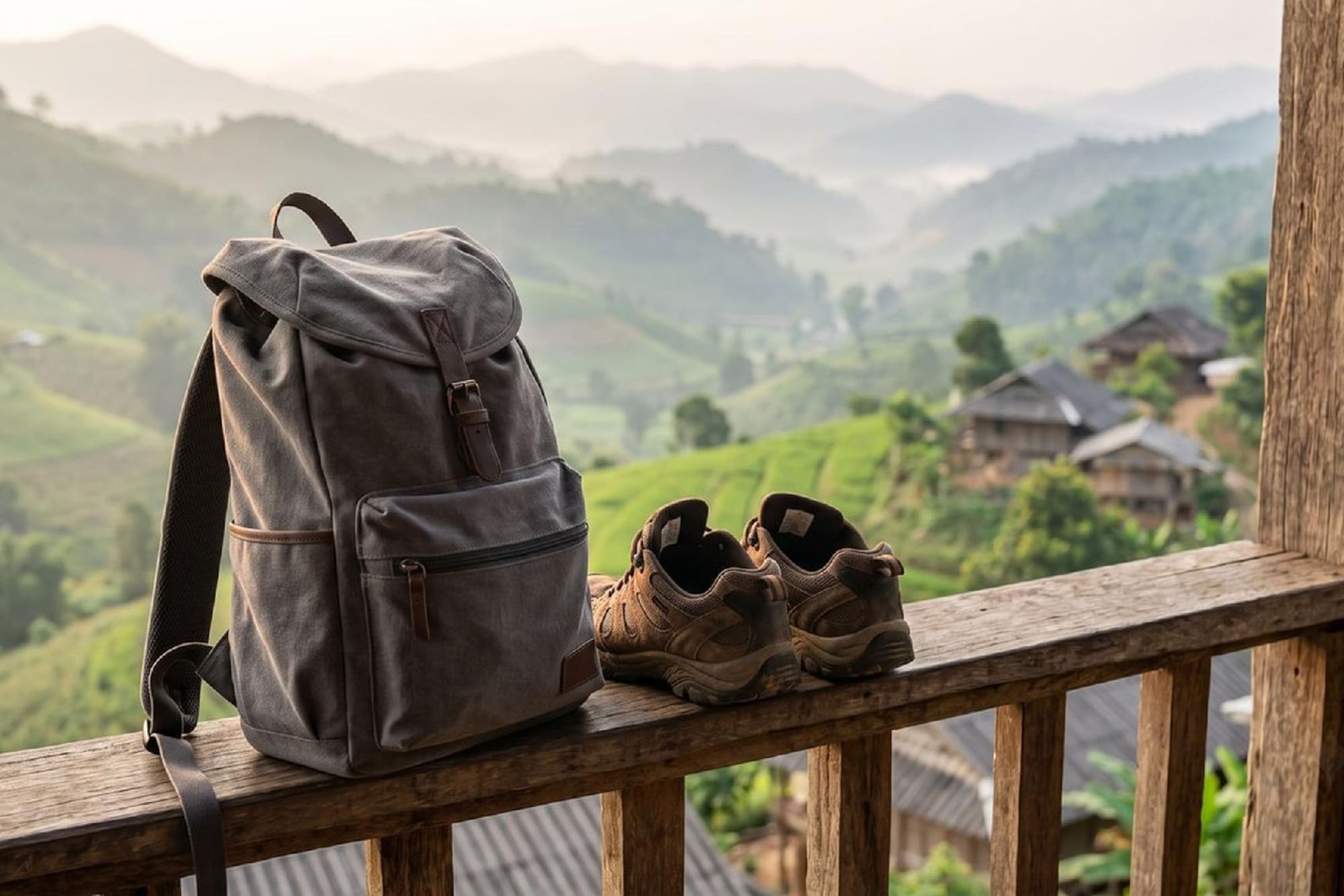 Grey backpack, brown hiking shoes on balcony, misty green mountains.