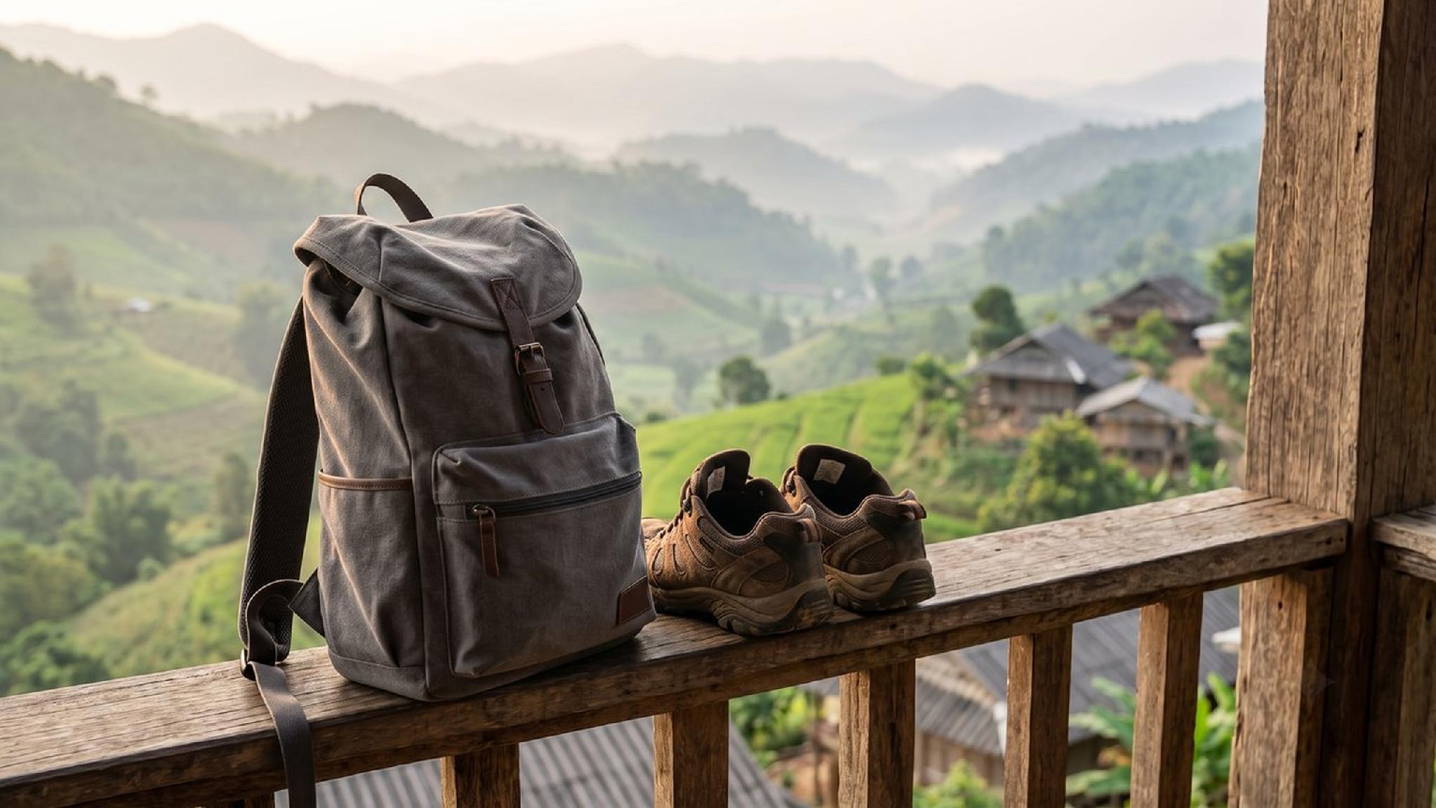 Grey backpack, brown hiking shoes on balcony, misty green mountains.